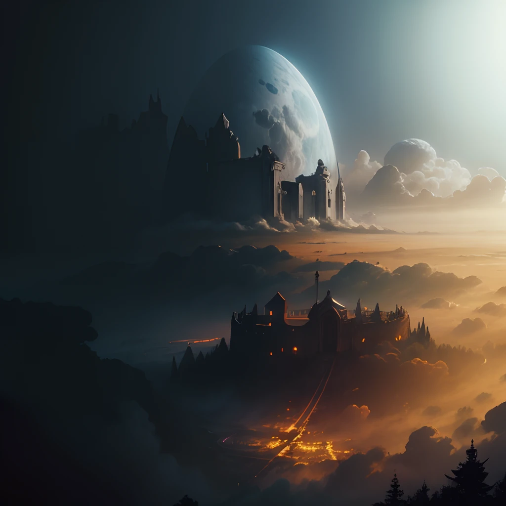 Cinematic photo of a heavenly horror landscape, double exposure, sad, ominus background, intrincate details, 8k, realistic colors, hyperrealistic, hdr, delicate detail, highly detailed, masterpiece, very beautiful, adorable, marvelous, exquisite, captivating, smoke, particle fx, mist, fog, --auto --s2