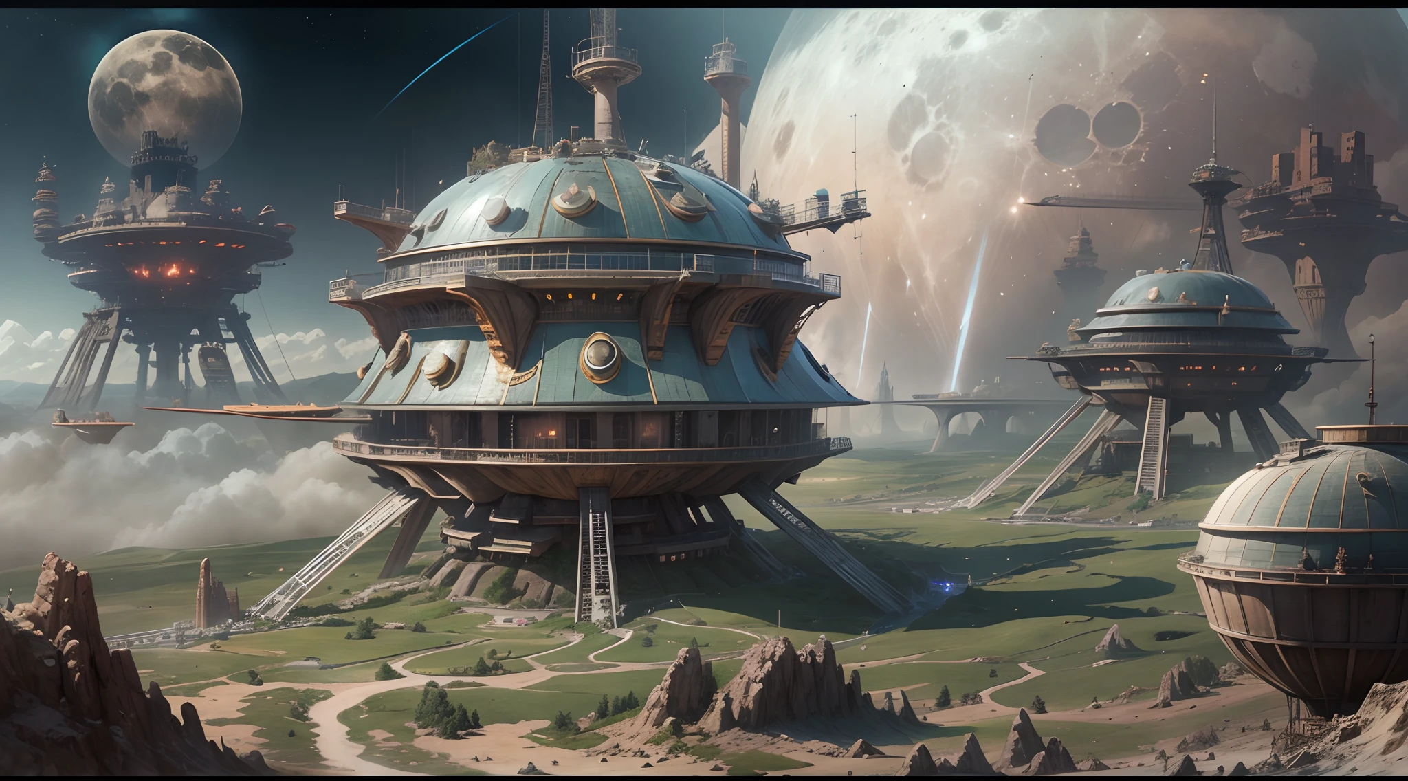 A huge moving mechanical castle rises off on the surface of the moon,The castle began to rise slowly,Metallic mechanical texture,Howl's Moving Castle,EVA,machine arm,There are robots at work,Waves of air erupted from below the castle,Lunar surface,Has a defense system and a laser cannon,radar,,Faraway view,in a panoramic view,hi-tech style, High overall image quality, With ultra-detailed features and realistic, Photorealistic rendering,Faraway view