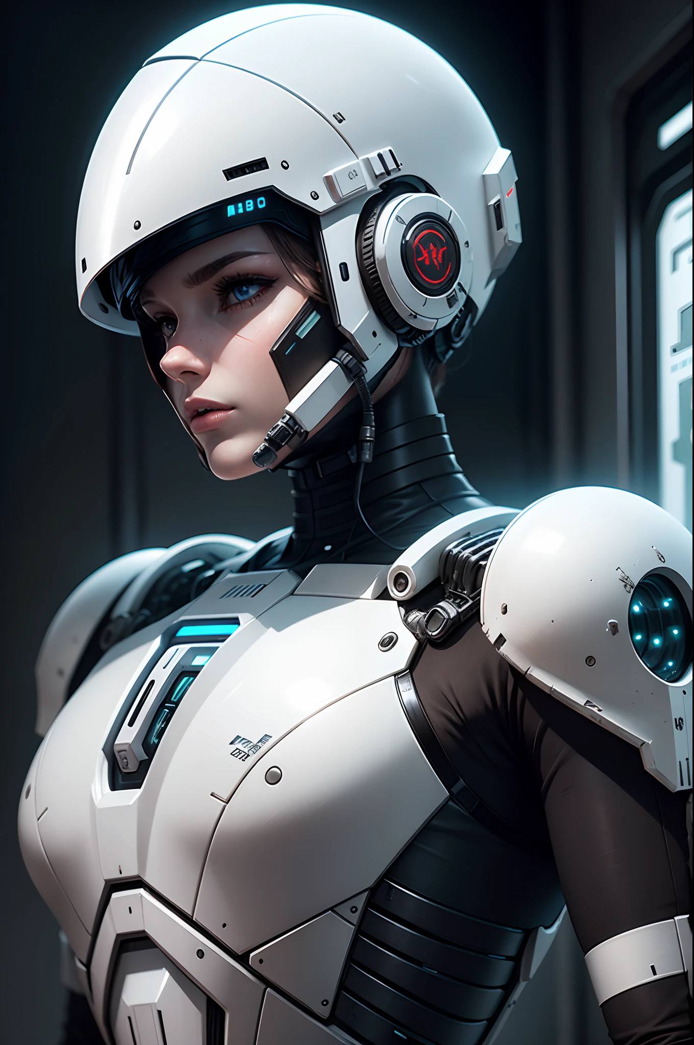 A realistic white combat Android in an advanced cybernetic suit, with cyberpunk helmet and technological visor.