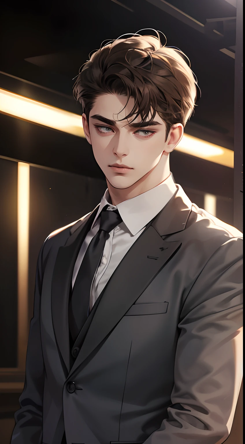masterpiece, best quality, realistic, 1man, mature male, quiet and charming young man, 25 years old, close his eyes, serious look, extremely detailed face, ((dark grey eyes)), ((short-right-swept dark brown hair)), [thick eyebrows], detective, plain background, ((suit)), cinematic lighting, looking at the audience, posture dynamics