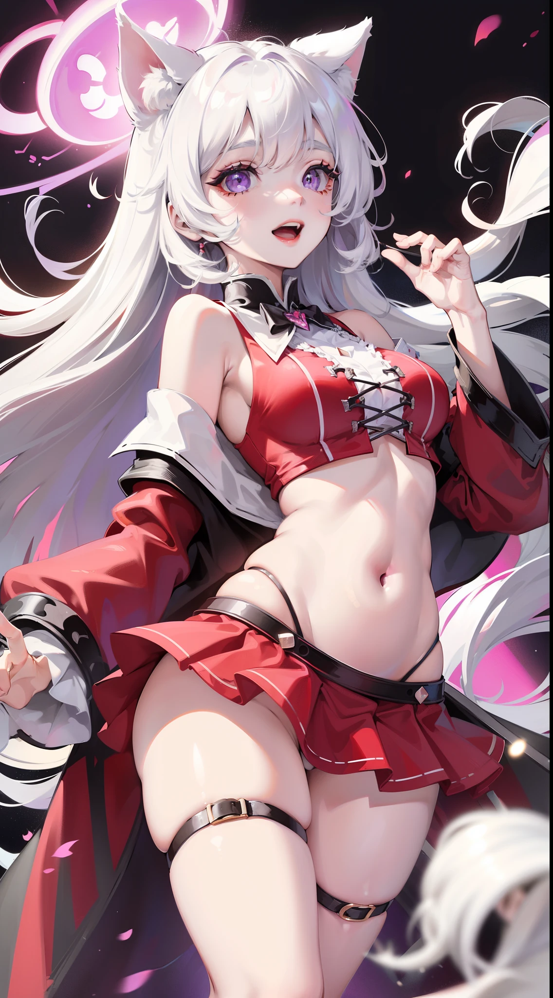 young girl, Long white hair, cat ears, violet eyes, red translucent blouse, Upskirt, Sleeveless, open belly, Smile, open mouth, Masterpiece, hiquality, 4k, HD, Good detail