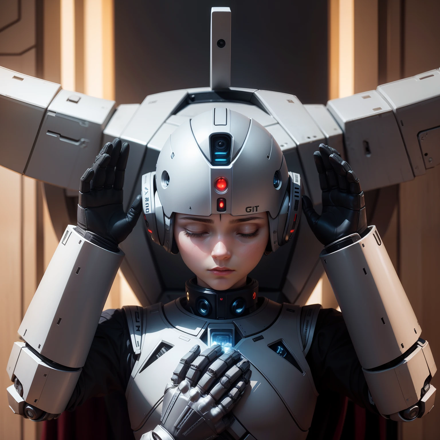 Create an image of a Christian robot saying prayers