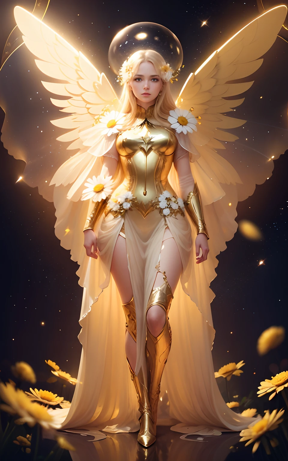 ((Magnificent, celestial, floating pose)) ((sexy pose)) ((tall beautiful celestial female angel)) ((Big bright blue eyes)), ((dark eyeshadows make up)) ((bright red lipstick)), ((with seductive gaze)) ((very long light blonde pony hair))((huge breasts:1.5)) ((perfect slenderbody:1.3)) ((long legs:1.3) ((wears fantasy light armor corset, tiny string thong bottom with gold ornament, long fabric tail)) ((gloves and white stocking, gold high heel boots)) ((halo of light and gold over her head and behind her, three pair of big gold feathers wings)) ((glowing magic sparks particles floating around))((with black sky background and white light reflectors on her)), ((high definition:1.5), ((amazing lights and shadows)) ((masterpiece:1.5))((8k:1.5)) ((Best quality:1.4))