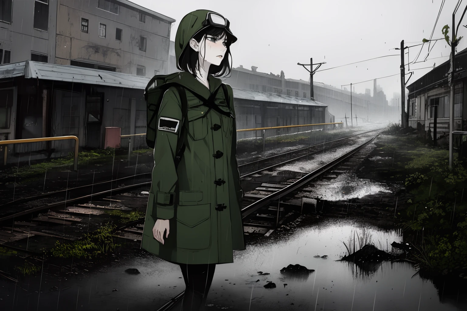 masterpiece, best quality, 2girls, (closeup), 18yo teen, slim, small breast, walk knee-deep in water, sad, tired, dirty face, green raincoat, hoods on, goggles on head, (backpacks), military pants, heavy rain, downpour, flood, wasteland, abandoned train station, industrial ruins, grey, desolate, rain, dark, sketch