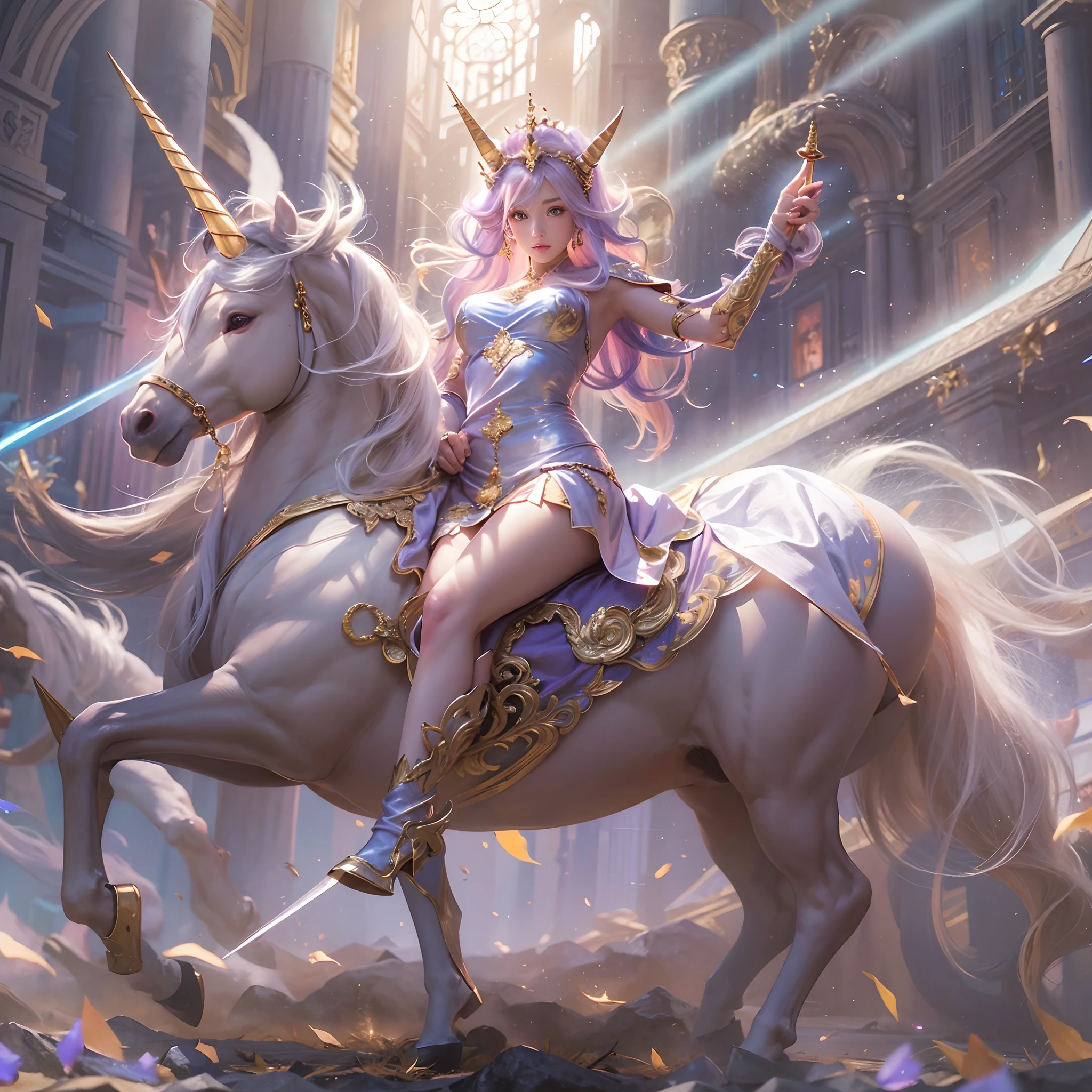(((nffsw))), (((masutepiece))), (((8K))), (((hight resolution))), (((surrealism))), (((Cinematic lighting))), god rays, Zoom Layer, (((FULL BODYSHOT))), F/4.0, canon, Shiny skin,Detailed skin,Detailed face, Detailed eyes, Goddess of Unicorn Charmers, Sharp eye light, See-through elegant dress, , Goddess Tiara, riding a huge Unicorn, Feet exposed, Unicorn Shield, Unicorn Sword