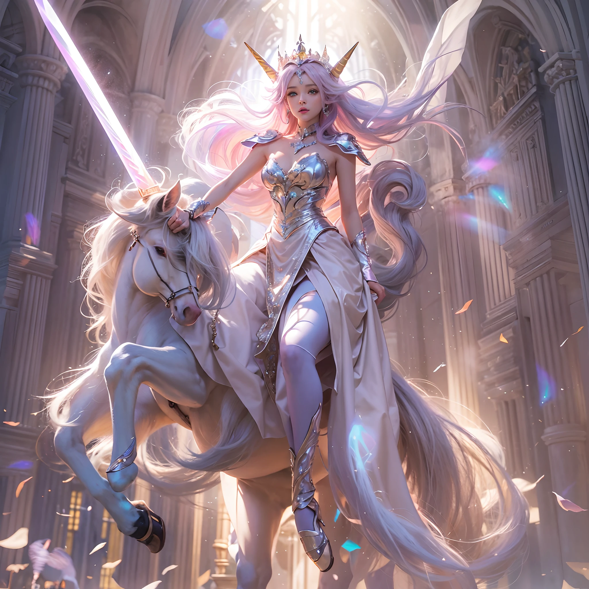 (((nffsw))), (((masutepiece))), (((8K))), (((hight resolution))), (((surrealism))), (((Cinematic lighting))), god rays, Zoom Layer, (((FULL BODYSHOT))), F/4.0, canon, Shiny skin,Detailed skin,Detailed face, Detailed eyes, Goddess of Unicorn Charmers, Sharp eye light, See-through elegant dress, , Goddess Tiara, riding a huge Unicorn, Feet exposed, Unicorn Shield, Unicorn Sword