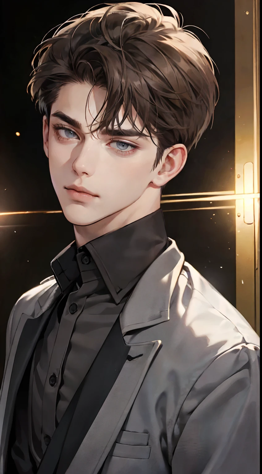 masterpiece, best quality, realistic, 1man, mature male, quiet and charming young man, 25 years old, close his eyes, serious look, extremely detailed face, ((dark grey eyes)), ((short-right-swept dark brown hair)), [thick eyebrows], detective, plain background, ((suit)), cinematic lighting, looking at the audience, posture dynamics
