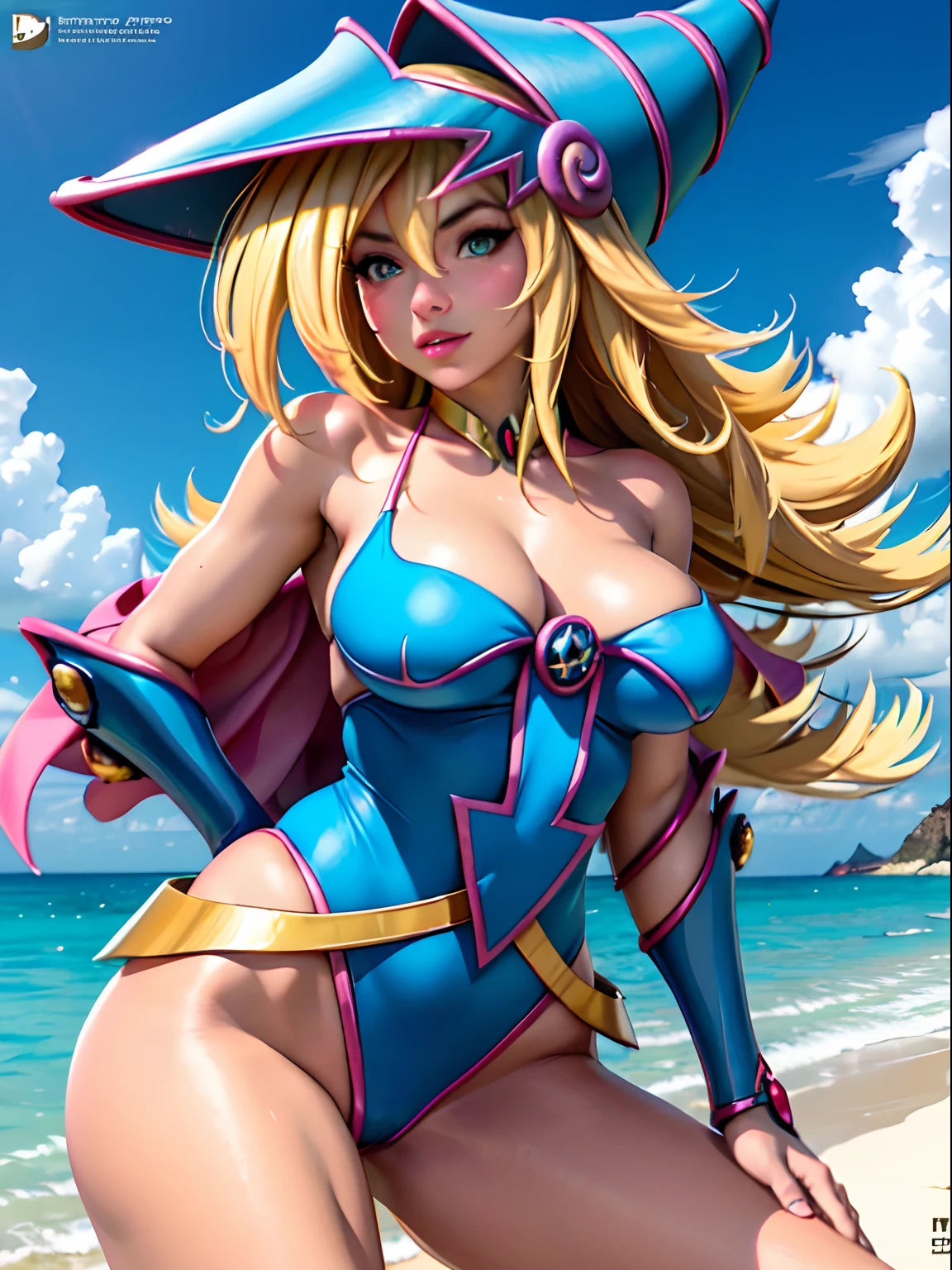 Hermosa dark magician girl en bikini:1 NSFW, Obra maestra, detailed illustration, Calidad superior, exquisito, Hermosa chica albina hottie:3, Vista de cuerpo completo, Micro Mini Bikini:2, Playa soleada, sonrisa suave, alta calidad, 8k, elaborar, Motor Unreal 5, recargado, Super detailed, edge lighting, Altamente detallado, Detalle fino. Cuerpo mojado, pezones afuera, mojada. Pechos desnudos, dark magician girl en bikini sexy