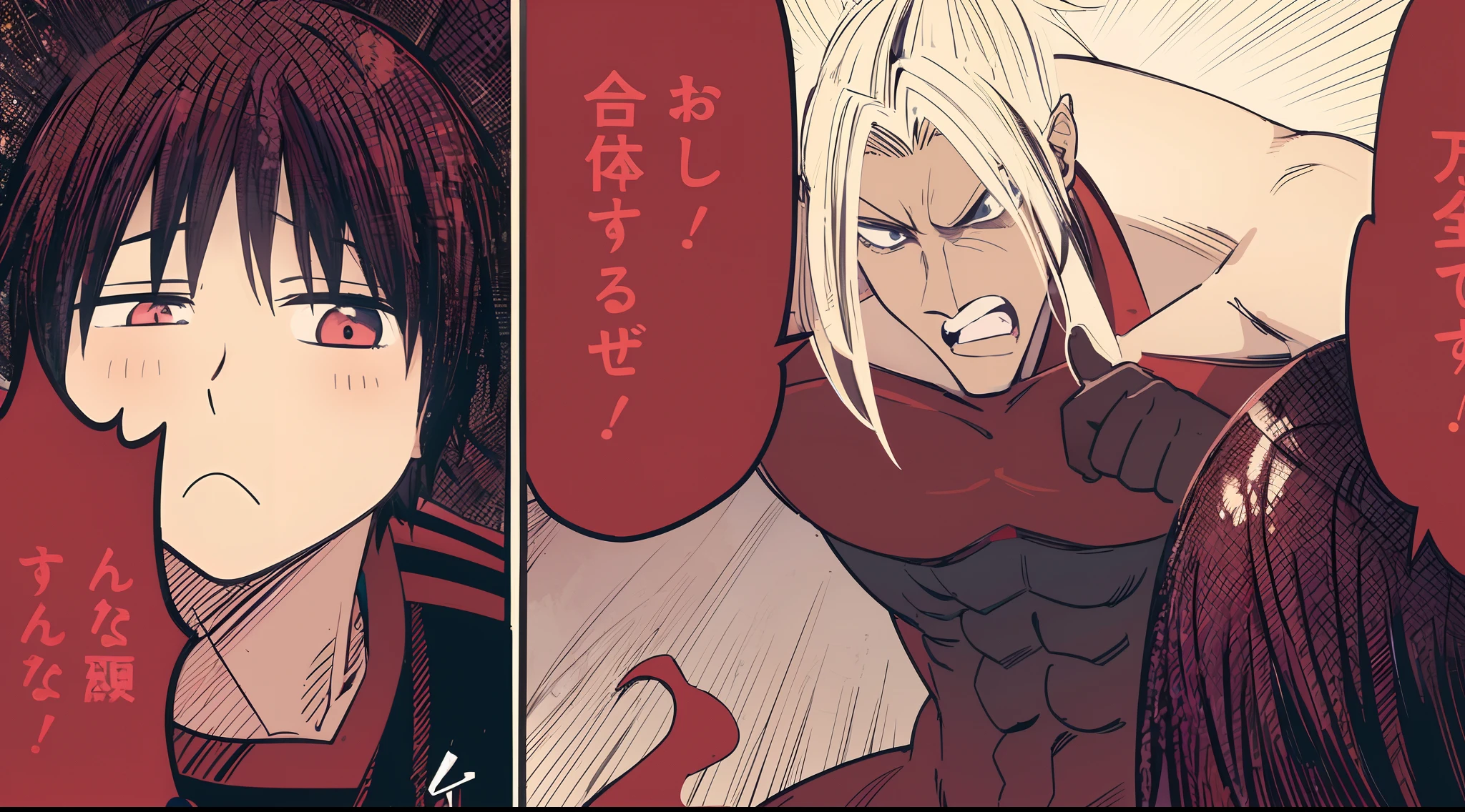 a anime of a boy cartoon, muscle no wearing shirt, manga, text manga, color manga, manga color, color manga, color manga panel, a simple background