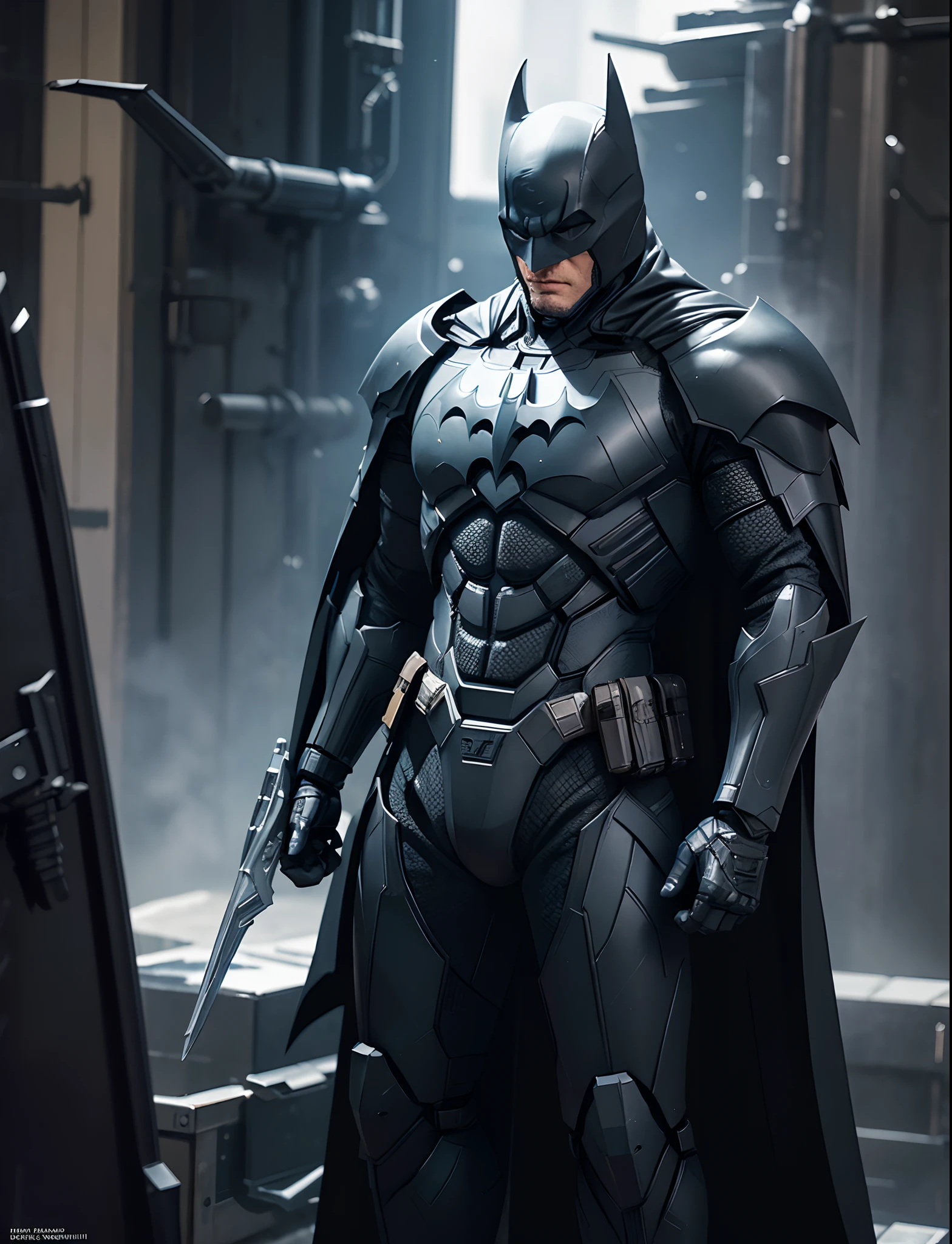 batman in a black suit with blue eyes and a cape, batman mecha, dark supervillain, marvel concept art, clothed in stealth armor, epic sci-fi character art, style of raymond swanland, epic sci - fi character art, evil knight, by Roman Bezpalkiv, themed like a military poster