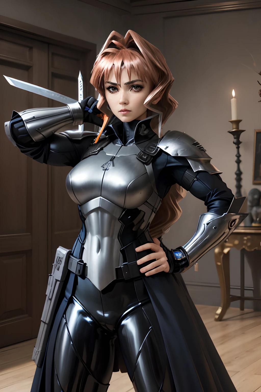 Deathstroke, disfraz de Deathstroke, Un dibujo de una mujer con dos espadas en sus manos, Traje X-Force de cuerpo completo, Asesina, she is holding a sword, Guerrera, Pose ruda, Asesina de Mujer Rouge, she is holding a katana sword, con espada grande