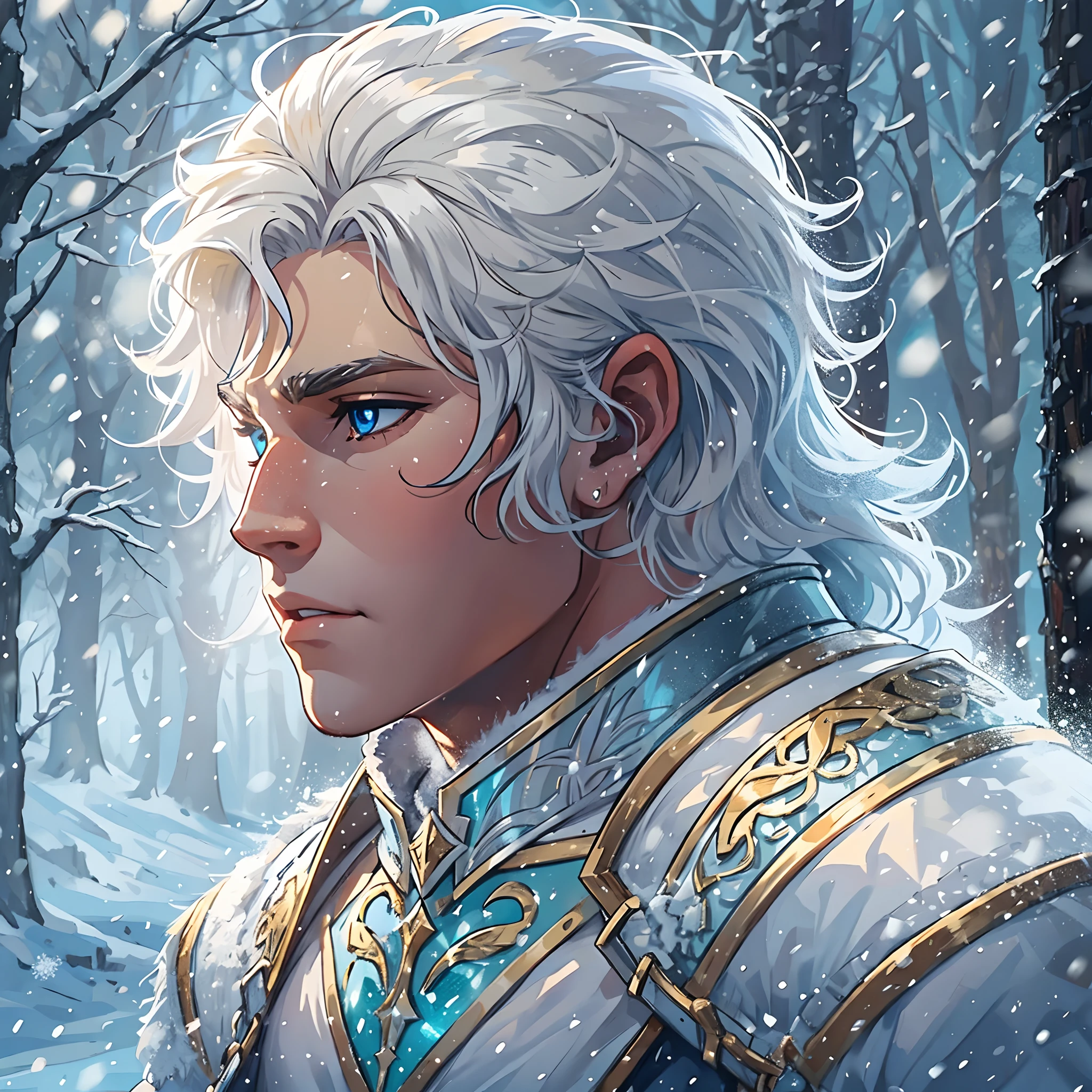 A young warrior, a noble knight prince from a kingdom wearing golden, blue, and white armor, an angelic armor. This warrior is young with ice powers, a handsome man with white, straight hair. His hair is of medium length, reaching the earlobes, like a channel haircut. His hair is as white as snow. He is a great warrior from a blue and white kingdom. His hair is of medium length, and his eyes are as blue as the ocean. He belongs to the angelic family. Lights form the image along with snow and a white glow. In the background, a snowy forest during a winter while it's snowing. A medieval artwork for RPG