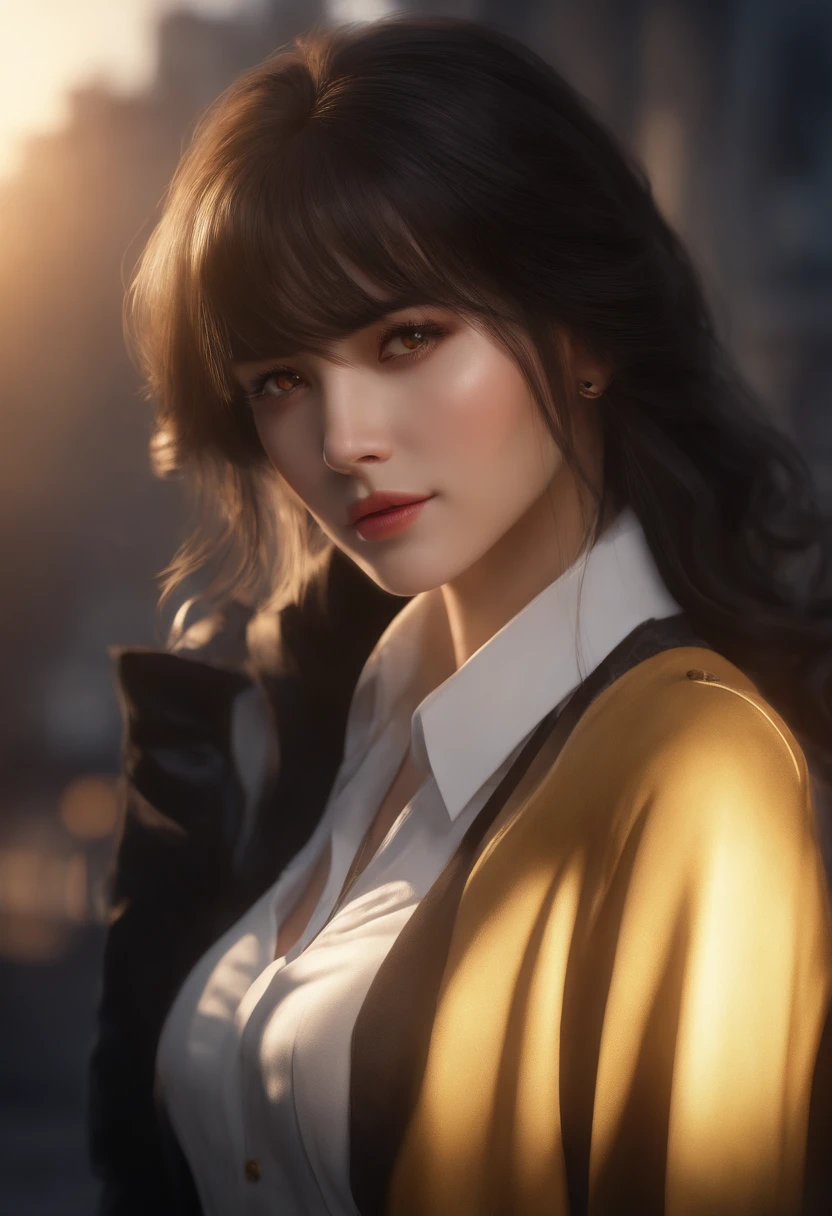1girll, intricately details, Masterpiece, Best quality, extremely detaile,Cinematic lighting, beautiful detailed glow, finely detailed beautiful face and eyes, 8K, Dark intense shadows, Yellow eyes, Medium hair, Black hair, bangs, Floating hair, Black jacket, Open jacket, White shirt, Expressionless, a yellow tie, Black skirt, spotlight, Sunshine, Sunrise, gradient sky, City, Lens flare, Cowboy shot, [[Curvy]], [Mature female]nakeness