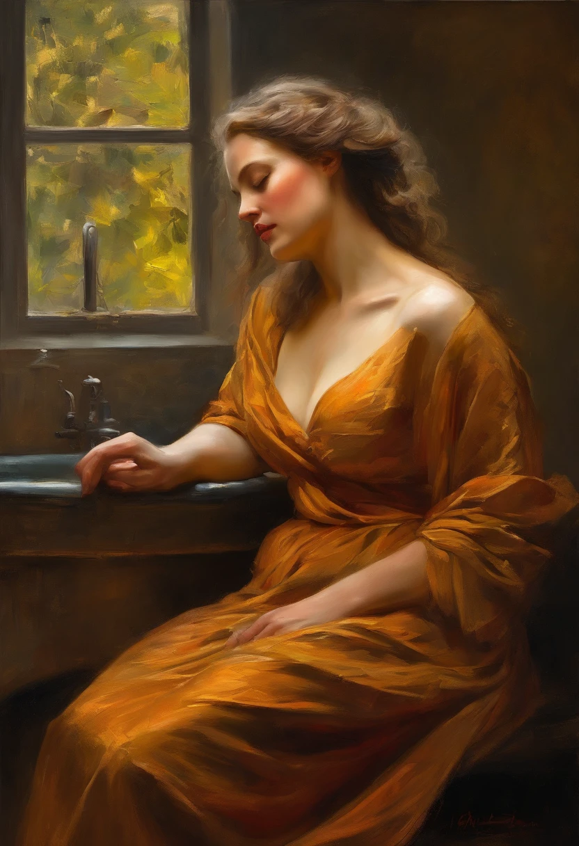 ((golden ratio}} the year is 1890, the setting is spain, A Highly detailed realistic oil painting of a elegant woman relaxing in a wooden bath tub with copper taps and fixtures, with her back to viewer, her back is in full view, curtains blowing with window breeze, clay interior walls, her eyes closed, perfect arms and hands, elegant in nature, beautiful lighting on her hair, full lips, wavy hair, up-do, {{nudity}} breasts exposed and hanging out, sleepy after a long day, a sensual painting, a Beautiful expressive painting, Wadim Kashin. Ultra photo realism, Louise Ross, digital painting art, Perceptual digital painting, Stylish digital painting, Bonito painting, glossy digital painting, beautiful digital painting, digital art painting, Fine paintings, thick strokes, pallette knife, impasto, Albrecht Dürer, Rembrandt, baroque art, alla prima, sfumato, chiaroscuro, intense light, {{catchlight}}