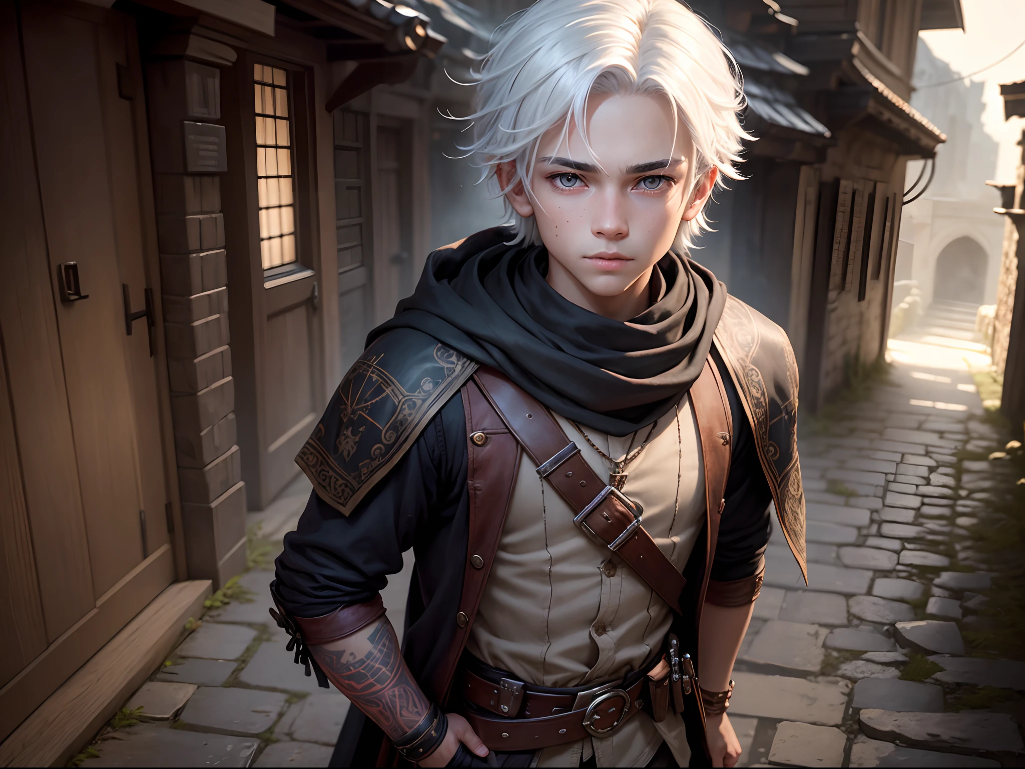 boy,young,handsome,, finely detailed eyes,red iris color,skin light tone,white hair, intricate details, portrait, looking at viewer, solo, (full body:0.6), detailed background, detailed face, face covered by bandana, smuggler, (tattoos:0.9), dynamic pose,dark wizard clothes, high fantasy medieval setting, dark alleyway background,fog