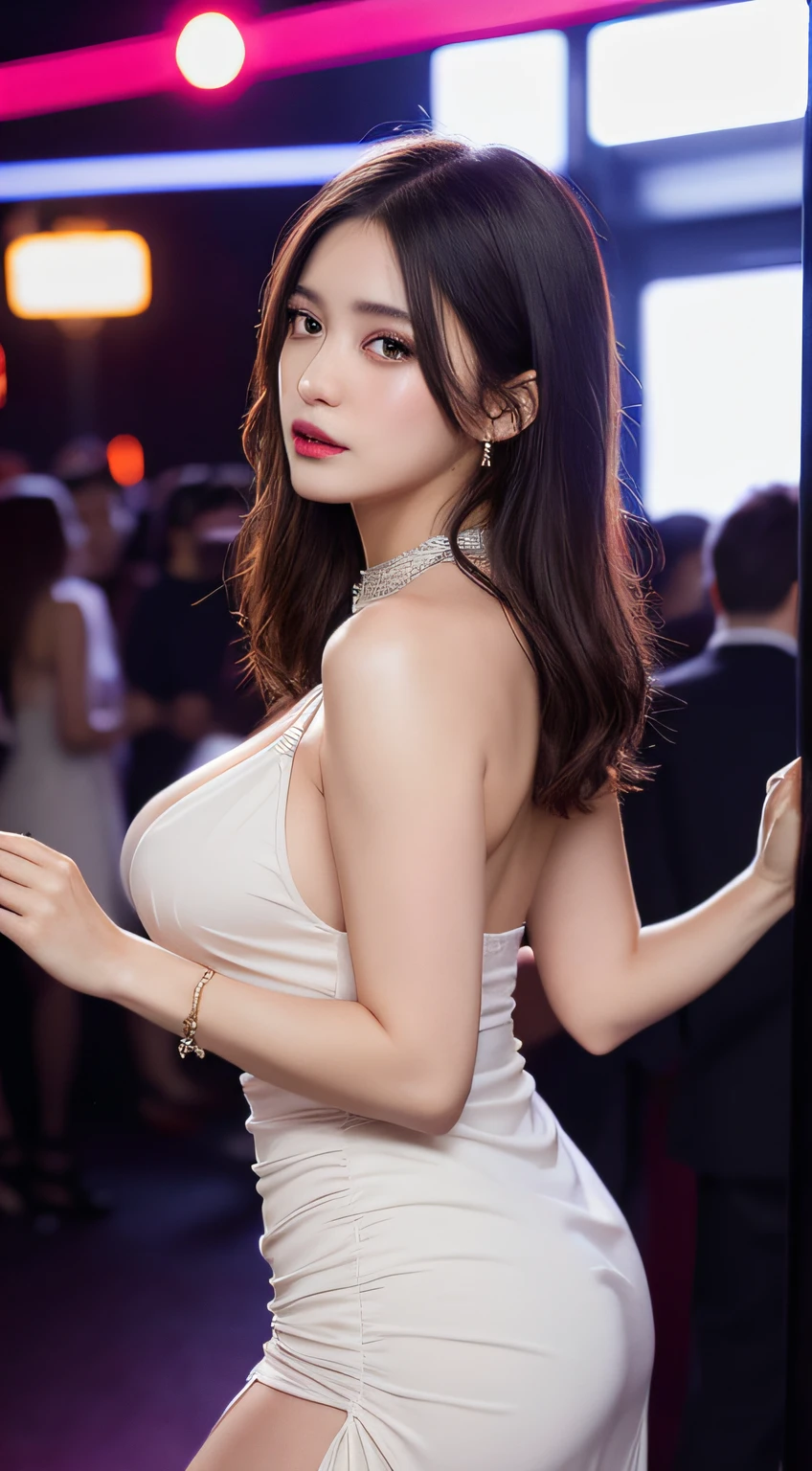 masterpiece, Best Quality, Illustration, Ultra-detailed, finely detailed, highest resolution, 8K Wallpaper, Perfect dynamic composition, Beautiful detailed eyes, Natural Lip, clubbing outfit, nightclub outfit, Draped Collar Chain Detail Crisscross Backless Ruched Cami Dress, cleavage, Full body, at a night club, g-string, dancing, outfocus background