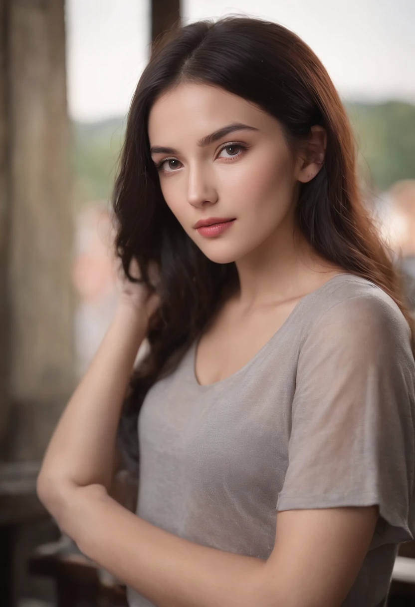 fair complexion, woman around 24 years old, natural black hair, Frizzy bob hair swollen with humidity, distinctive dark eyes, oversized colorful t-shirt, slender and graceful, average looking, candlelight in a modern pub setting, ultra sharp focus, realistic shot, medieval male clothes, tetradic colors (scar:1.4)