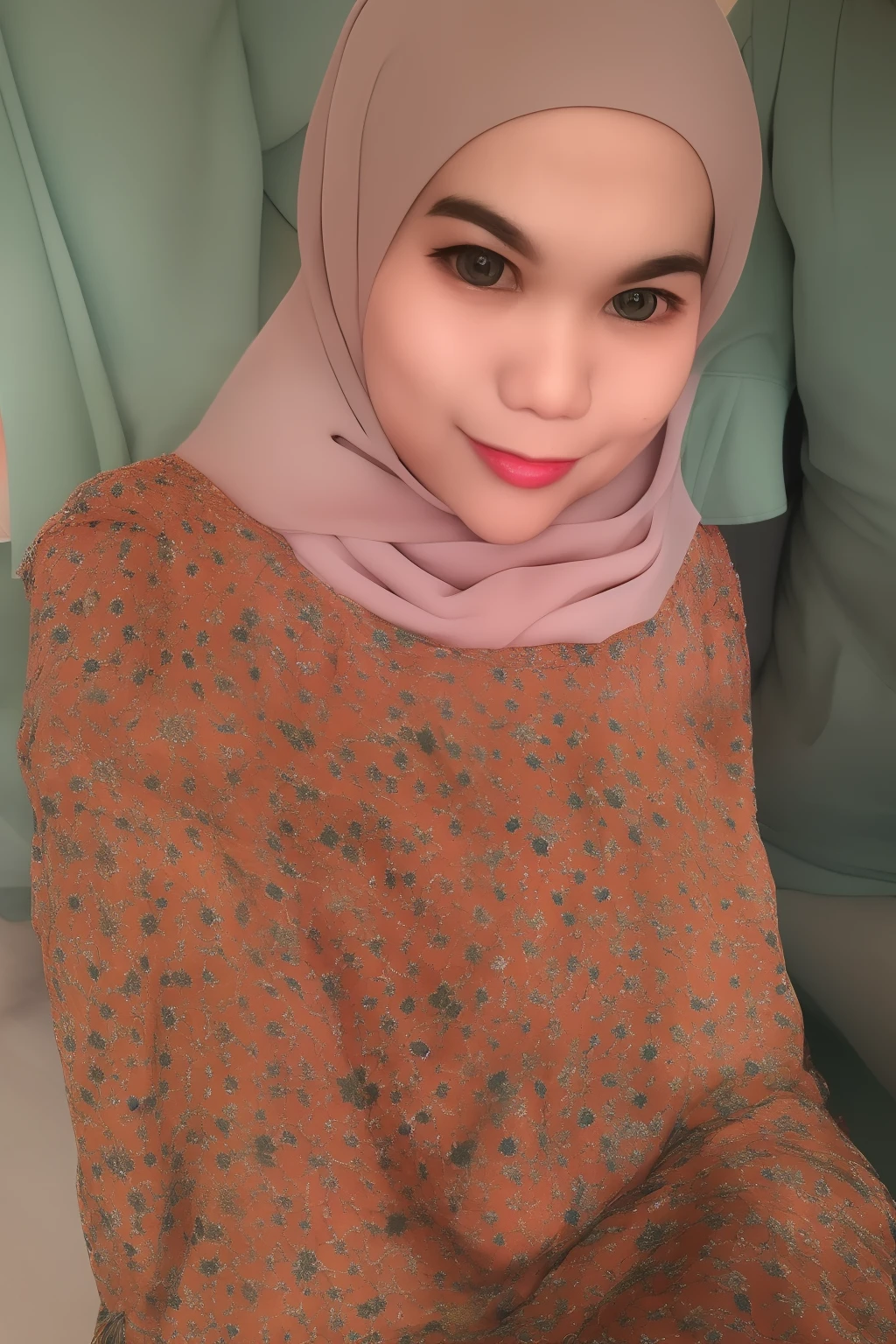 Malay girl in hijab wearing sexy redcolor pajamas portrait photography, mid shot photo, ultra detail, professional photograph with professional lighting, smile, light blue studio background, sexy seducing pose, curvy