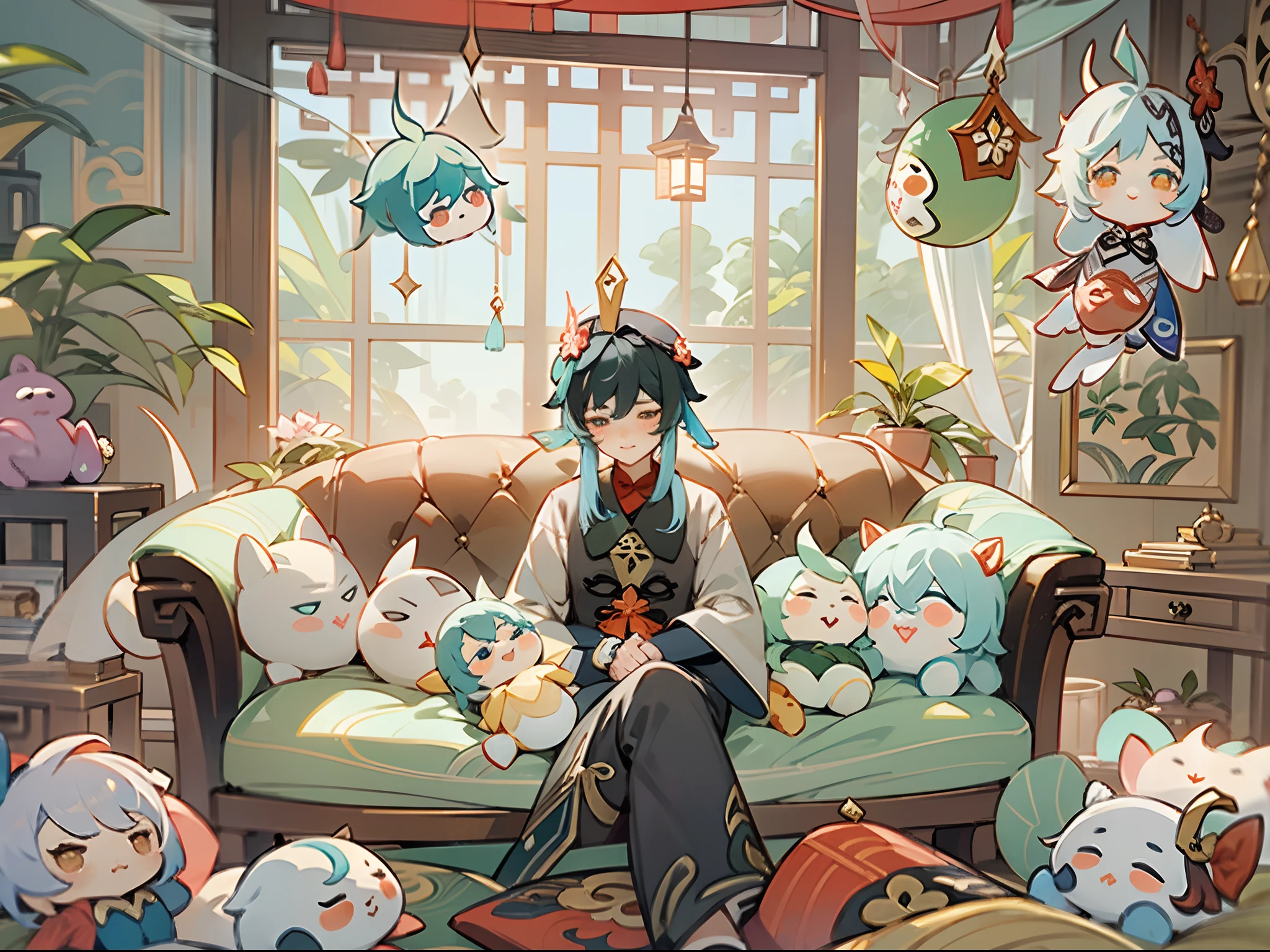 ((Genshin Impact)), Hu Tao sitting on sofa with cute plushies, blushing, eyes closed, beautiful and well decorated room