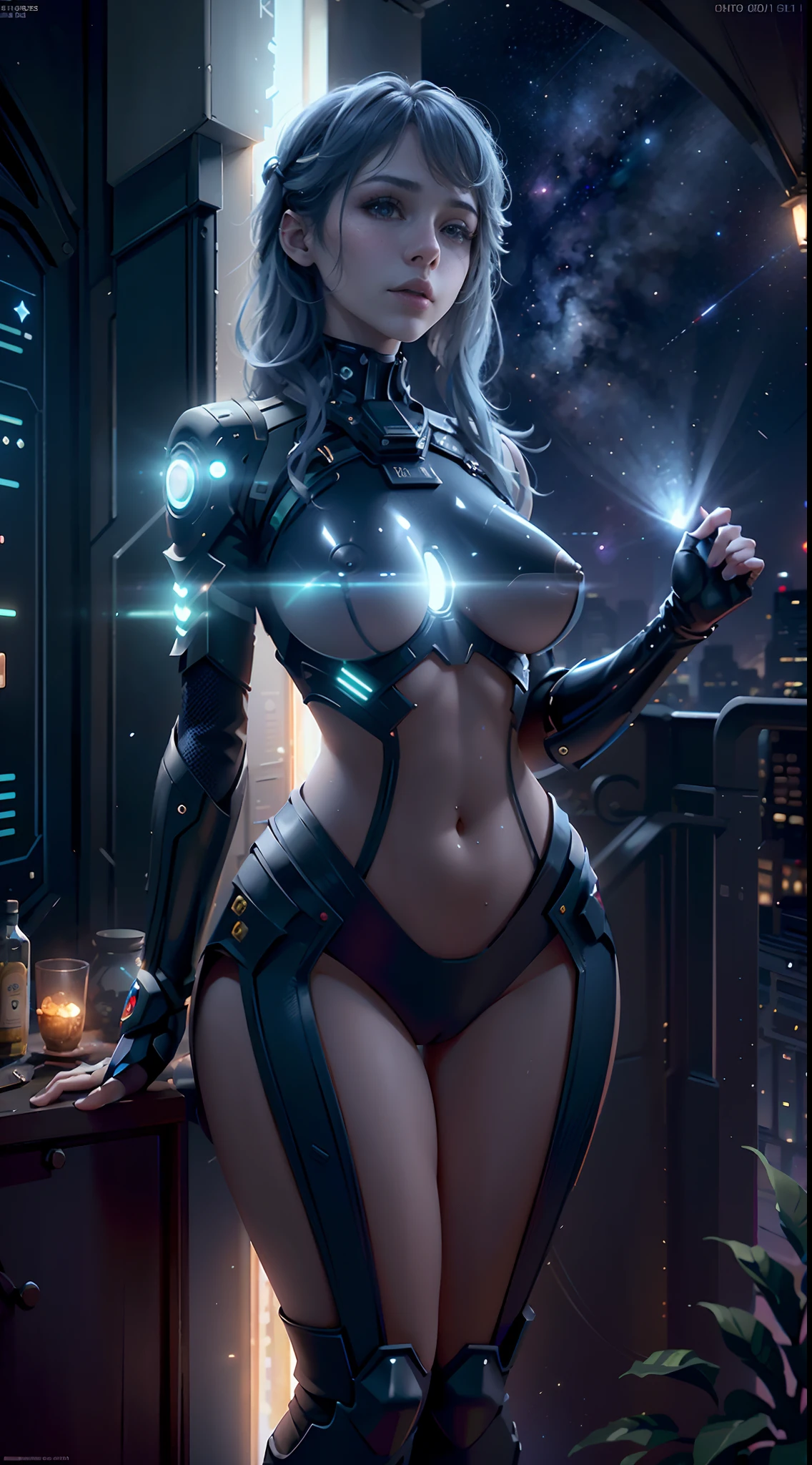 (tmasterpiece:1.2),best qualtiy,In space,(nigh sky,medium lenght hair:1.2),(illustratio:1.2),lindo cenario,dreads,(Elaborate luminescence,lens flare glow),(Hyper-detailing),Hyper-detailing,(exquisitedetails),(complexdetails),(Movie light,Best quality backlight),清晰的线条,New world,peeping at the viewer,Solo Woman,petty face,(Space Girl,the space),Oriental women,Girls are modeling figures,Solo Woman,Perfect body,Beautiful girl,(1girll),(Bright bioluminescent hair,bright glowing eyes),(galaxias,Alien planet),(Astronaut wearing sexy futuristic style white tight spacesuit:1.1),(The material of the spacesuit is extremely light),The girl has a slender waist,smallunderboob, Big breasts Thin waist,bare shoulders,Bare legs,exposed waist,Latex tight spacesuit,The chest of the spacesuit shows the starry sky,Slightly closed eyes,(cyber punk perssonage),(dyna:1.3),(putting makeup on)),hight contrast,(The best lighting,Extremely refined and beautiful),((Movie Moonlight)),Extremely colorful,((Photoshop Pastel Painting:1.1)),aethereal,(Movie Masterpiece),suspense,Funk,(Starskrim),splash of color,absolutly eye-catching,((Caustics)),dynamic angle,big breasts beautiful(detailed glow),(spine-chilling),(Intricate movie scenes behind it:1.2),Environmental occlusion, (Ambient moonshine), ray-traced reflection, intricately detailed visible background , (Glowing spacesuit), terroral, (Bioluminescent vegetation:1.2), terroral, uneasy, A futuristic, terroral, (Hologram heads-up display), (Delicate Great Comet)