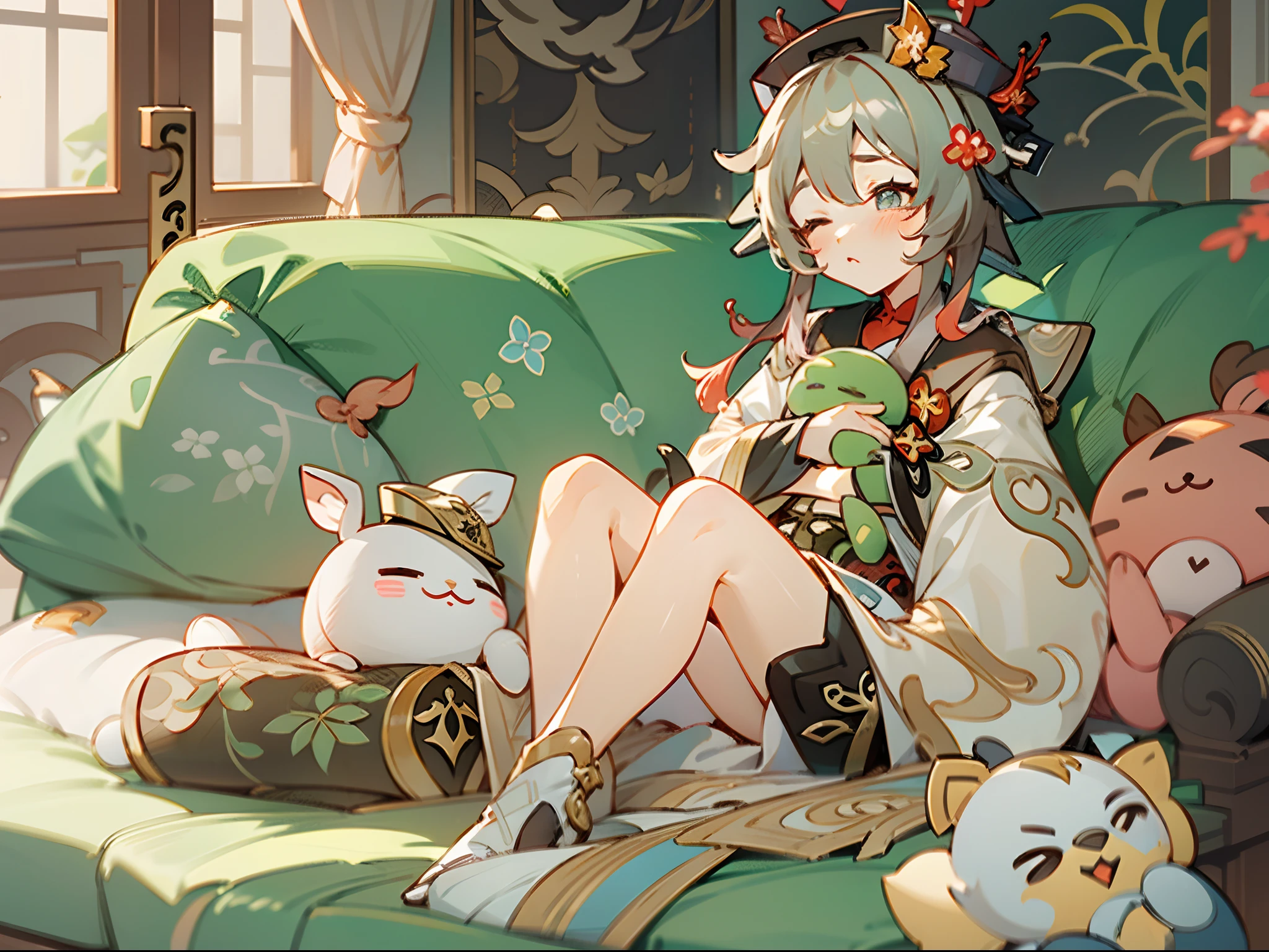 ((Genshin Impact)), Hu Tao sitting on sofa with cute plushies, blushing, eyes closed, beautiful and well decorated room