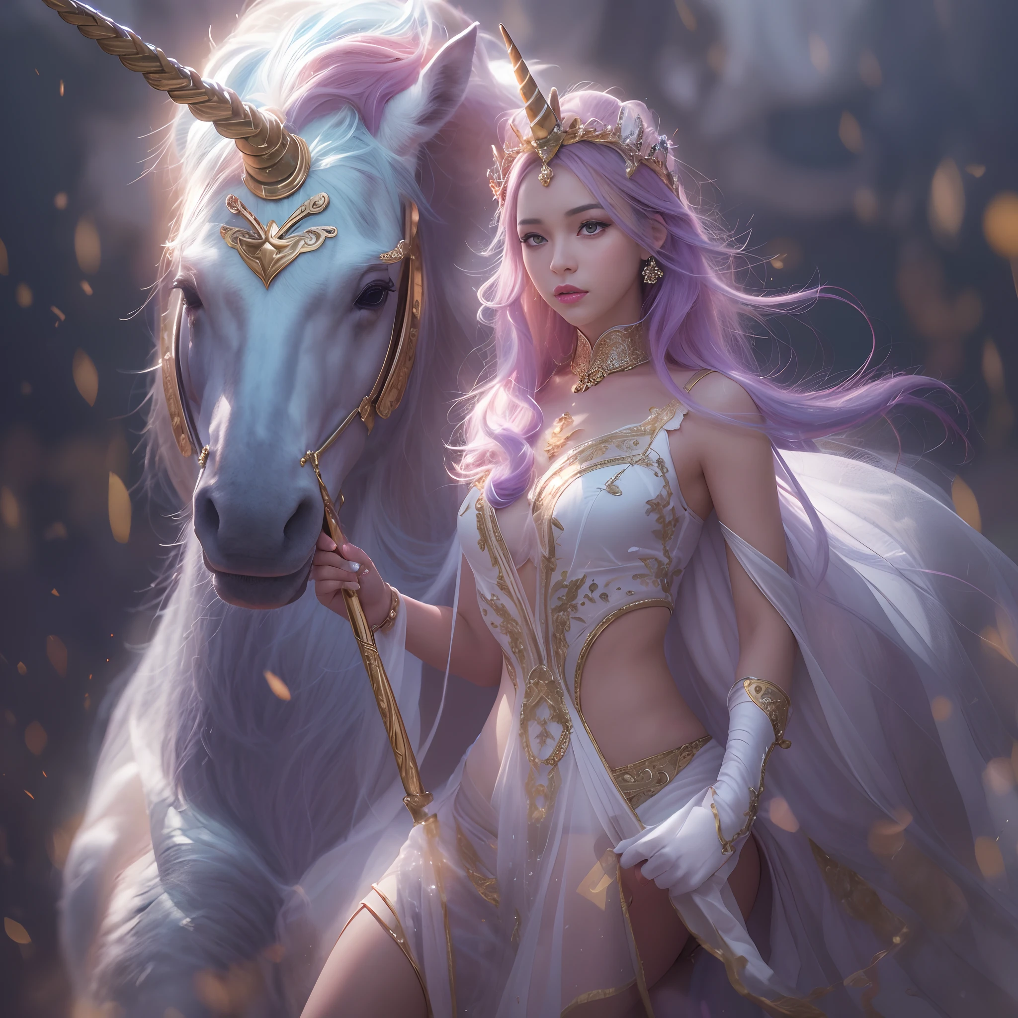 (((nffsw))), (((masutepiece))), (((8K))), (((hight resolution))), (((surrealism))), (((Cinematic lighting))), god rays, Zoom Layer, (((FULL BODYSHOT))), F/4.0, canon, Shiny skin,Detailed skin,Detailed face, Detailed eyes, Goddess of Unicorn Chammer, Sharp eye light, See-through elegant dress, , Goddess Tiara, Ride a giant unicorn, Feet exposed, Unicorn Shield, Unicorn Sword