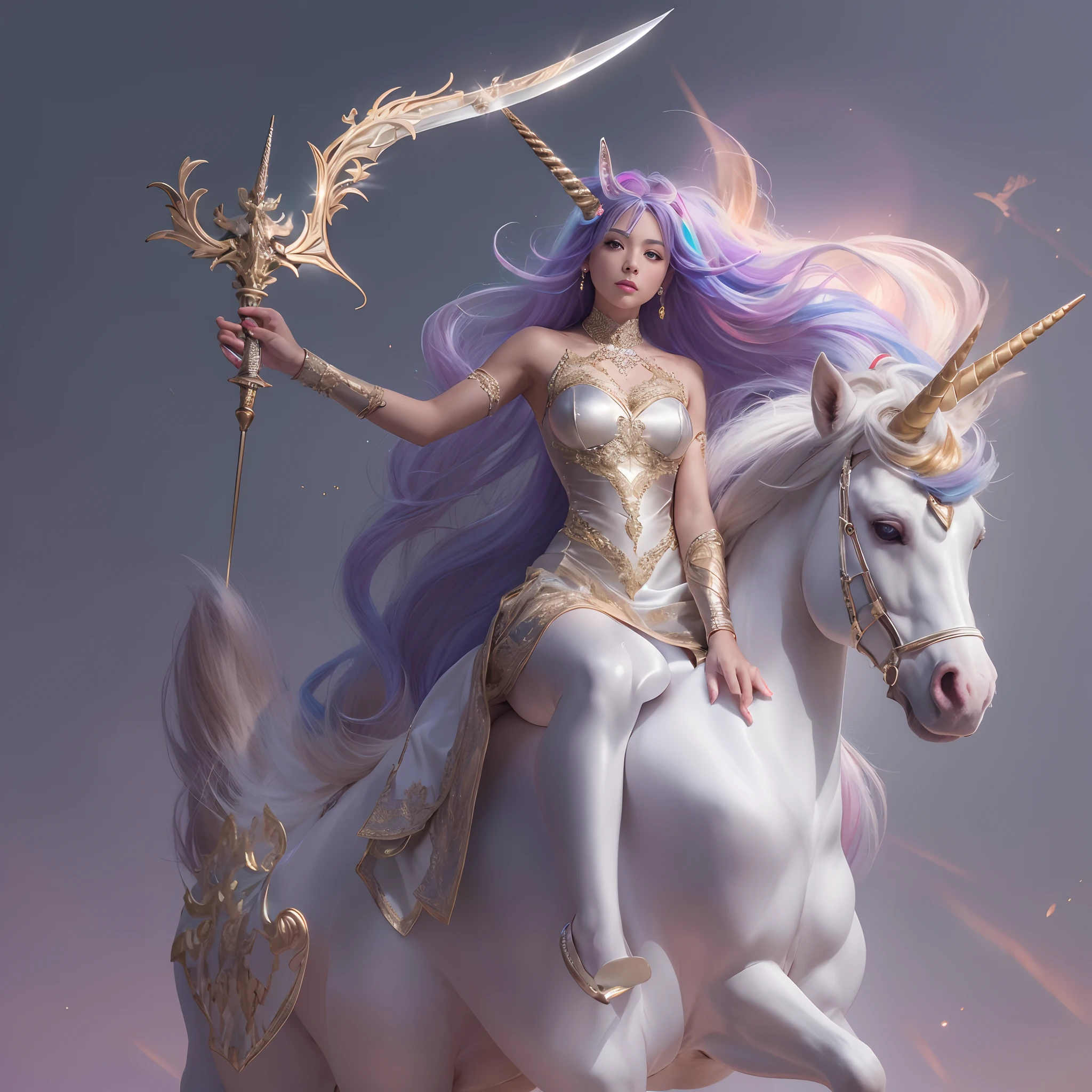 (((nffsw))), (((masutepiece))), (((8K))), (((hight resolution))), (((surrealism))), (((Cinematic lighting))), god rays, Zoom Layer, (((FULL BODYSHOT))), F/4.0, canon, Shiny skin,Detailed skin,Detailed face, Detailed eyes, Goddess of Unicorn Chammer, Sharp eye light, See-through elegant dress, , Goddess Tiara, Ride a giant unicorn, Feet exposed, Unicorn Shield, Unicorn Sword