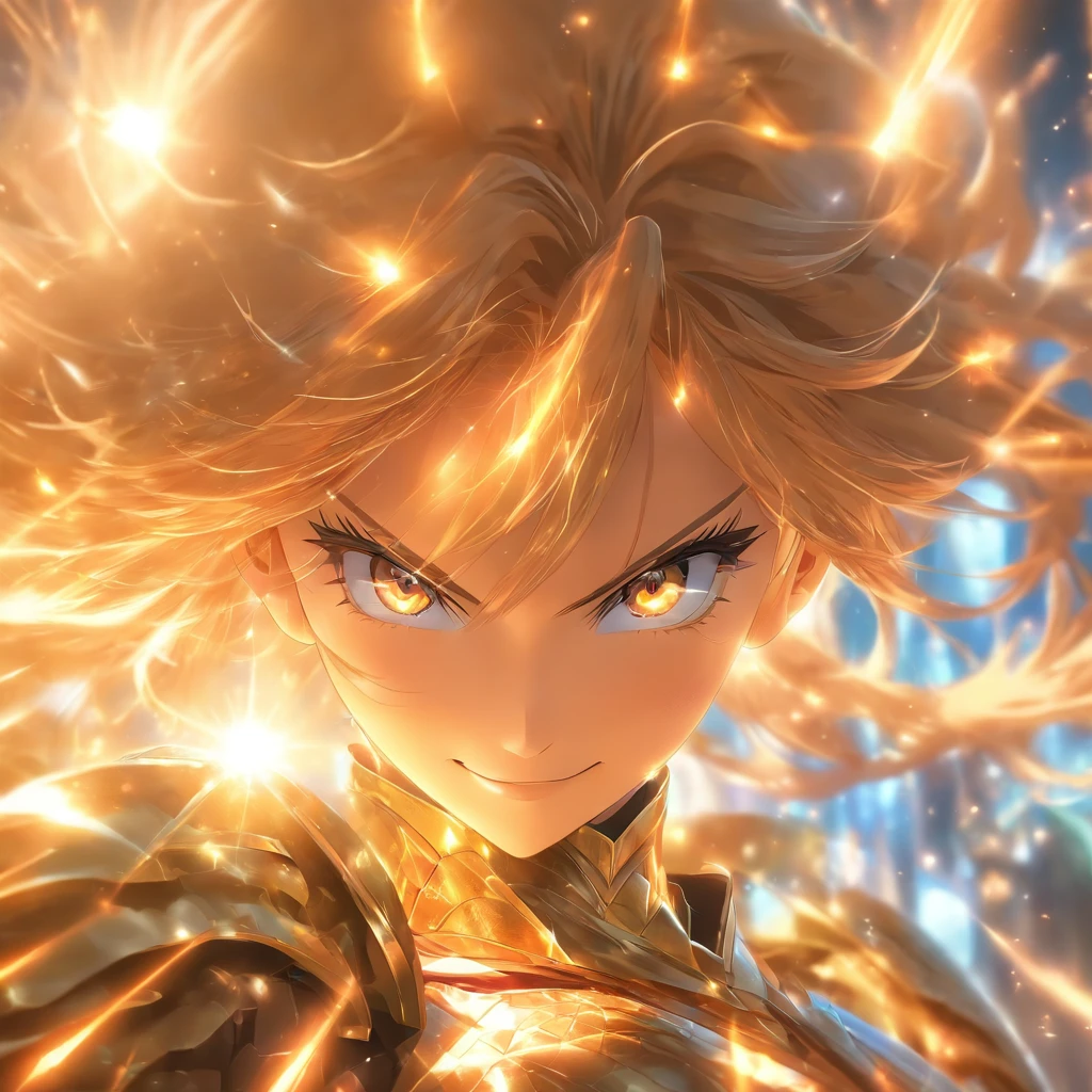 Realistic, illusory engine, Beautiful woman wearing reflective coated armor, Smile modestly, Fantasy background, Warp lens flare effect