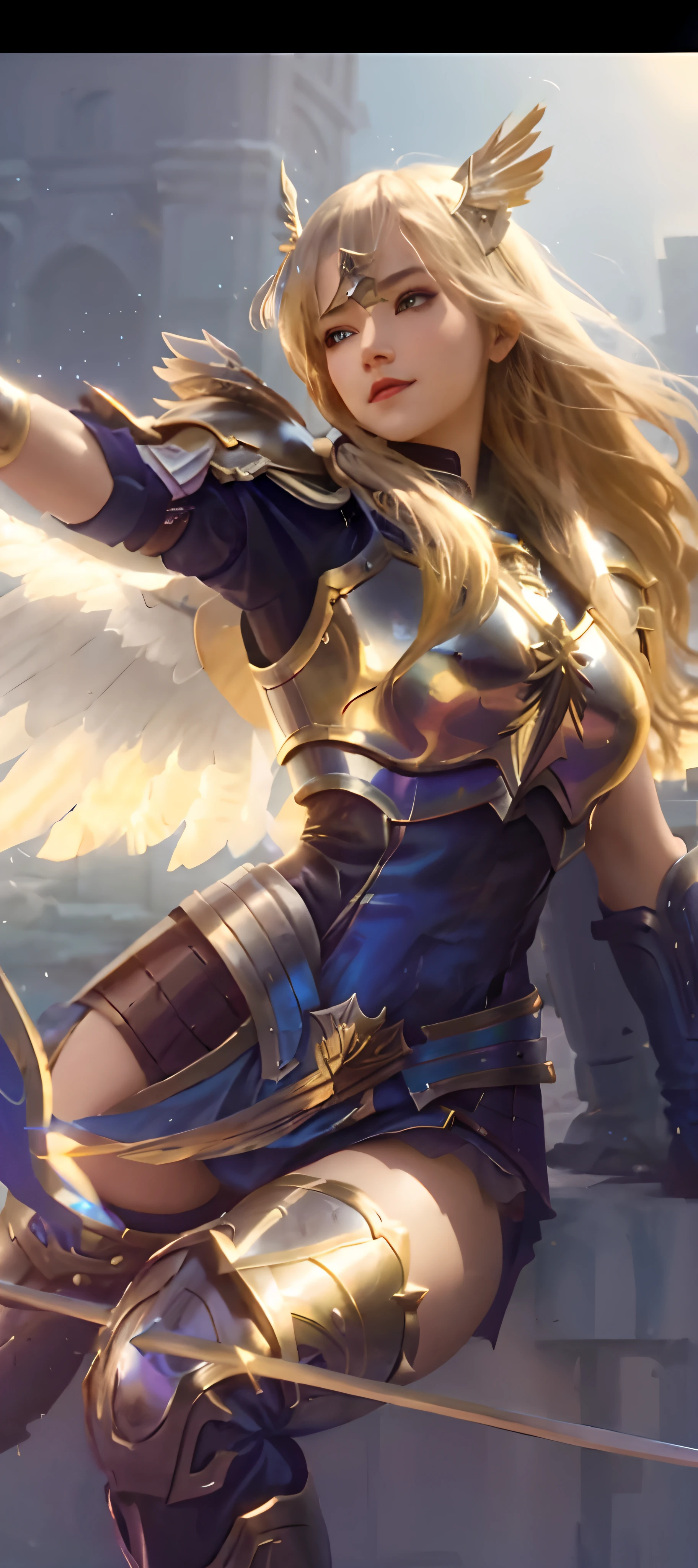 a woman in armor holding a sword and flying through the air, lux from league of legends, artgerm detailed, extremely detailed artgerm, as seen on artgerm, angel knight girl, style artgerm, artgerm style, ashe, artgerm. high detail, armor angle with wing, jaina proudmoore, valkyrie,