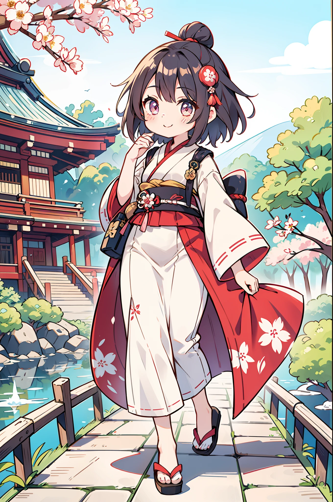 Woodblock prints and ink, A girl turned around, Clothing product samples , kawaii, smile, with colored contacts in her eyes, Accessories, full body,walking , in summer , Kinkakuji Temple in Kyoto