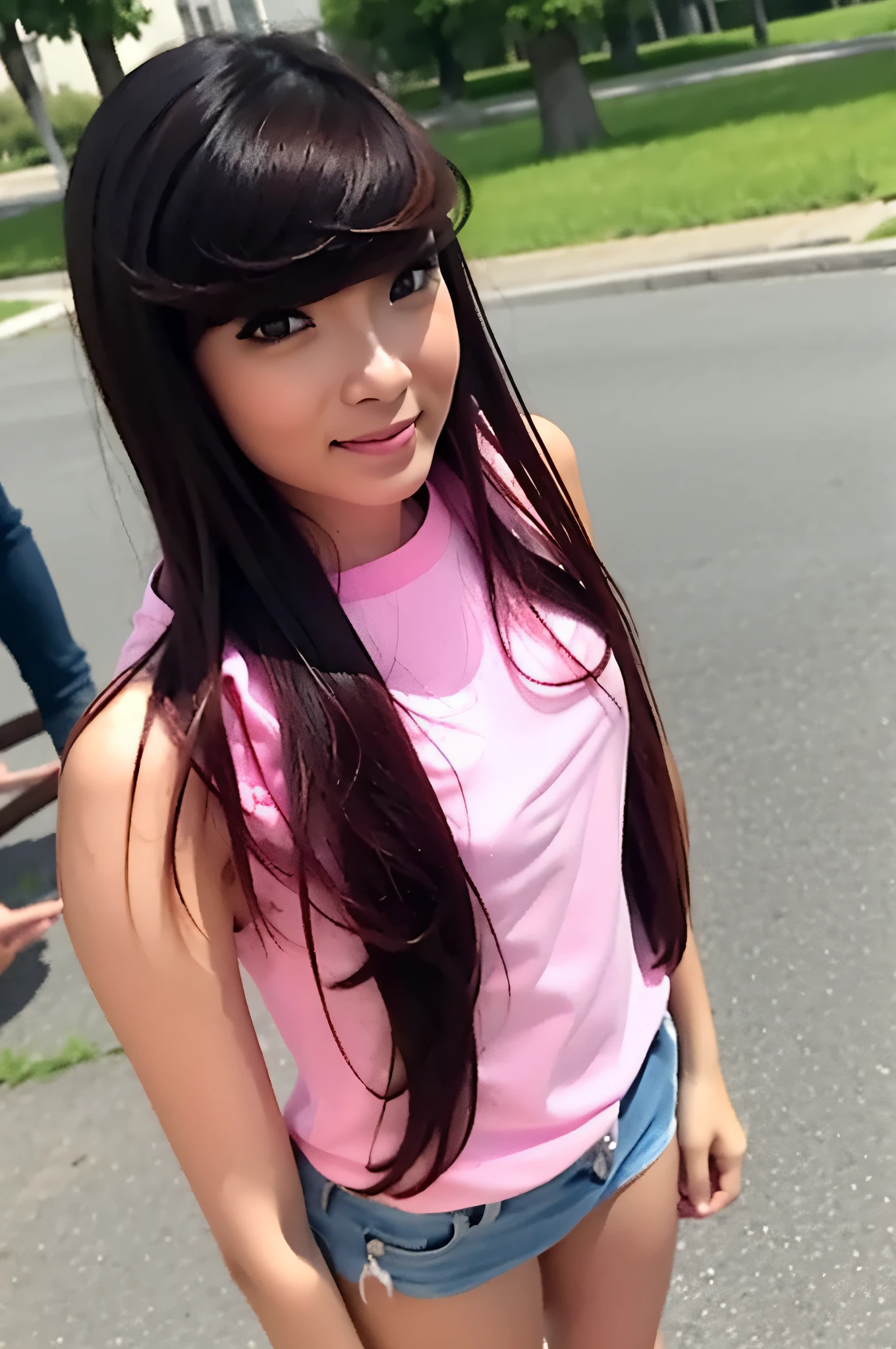 young woman, mini dress, pink panties, standing with stylish at park, long black bangs hair, glare expression, looking at viewer, smile, staring intently, polish nails, beautiful face, high quality, photorealistic, masterpiece