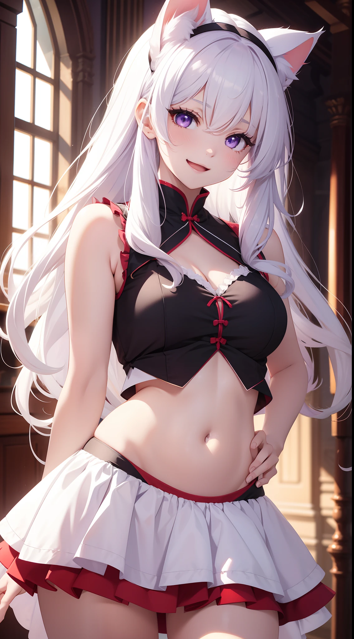 young girl, Long white hair, cat ears, violet eyes, red translucent blouse, Upskirt, Sleeveless, open belly, Smile, open mouth, Masterpiece, hiquality, 4k, HD, Good detail