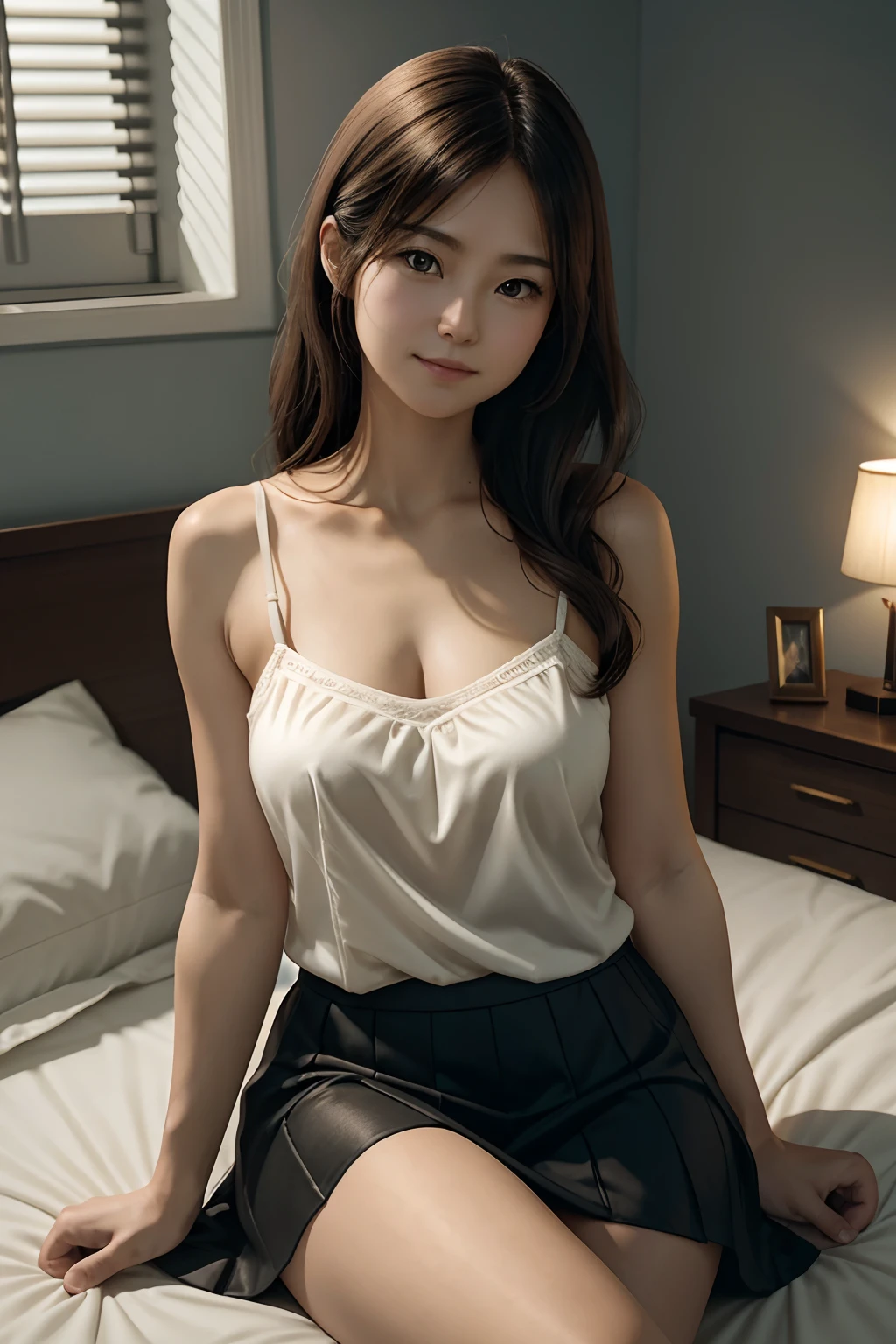 Top quality, an illustration in the style of a light novel. Draw with a detailed touch. a beautiful and refined lady, age 35, camisole that enhances her healthy well-proportioned body shape, knee-length dark color skirt, sitting on a bed, slightly opening legs, in dimly lit high floor guest room. flushed, smirking, three-quarter shot, diffused sunlight, depth of field
