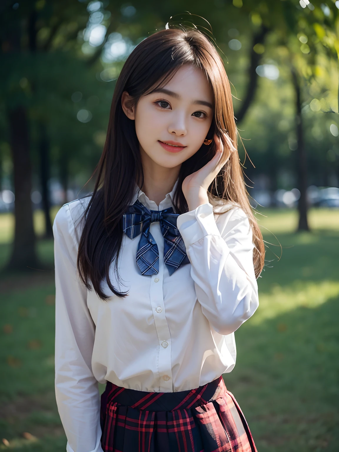best qualtiy,tmasterpiece,超高分辨率,(真实感:1.4),RAW photogr,1girll,long whitr hair,Face Highlighting,Pure,Girly,Flushing,18yr old,18-year-old smiling female classmate,Pure,Innocent,(best qualtiy,8K,tmasterpiece:1.3),Goose egg face,largeeyes,long eyelasher,Exquisite(live-action realistic style),Star-like eyes,Ultimate face,Photorealistic light and shadow,Clear facial features,Milky white skin,Fair skin, highdetailskin, Realistic skin details, Visible Pore,(Super detail),(perfect bodies:1.1),long whitr hair,(dynamicposes),((Dynamic background((volumettic light:1.3)),huge tit,short plaid skirt,white shirt,Plaid bow tie,school ground
