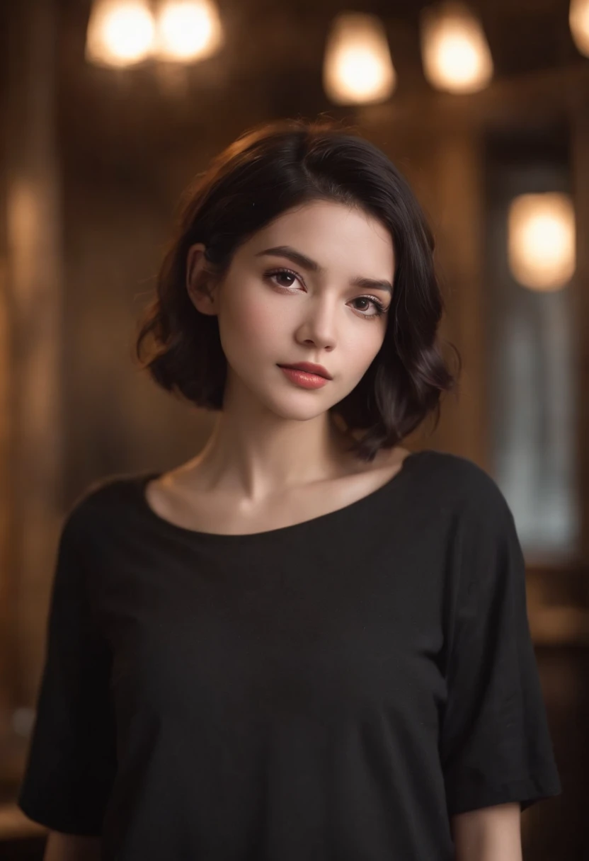 fair complexion, woman around 24 years old, natural black short hair, Frizzy bob hair swollen with humidity, distinctive dark eyes, oversized colorful t-shirt, slender and graceful, average looking, candlelight in a modern pub setting, ultra sharp focus, realistic shot, medieval male clothes, tetradic colors (scar:1.4)