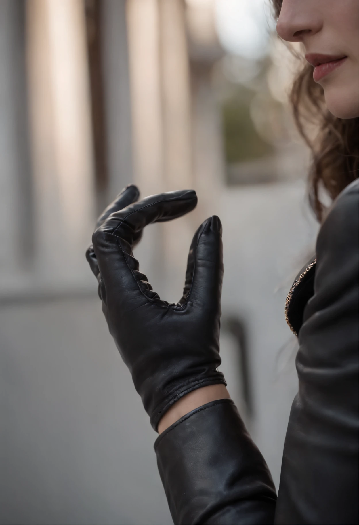 From the other side of the darkness, a woman's hand with black suit sleeves and black leather gloves