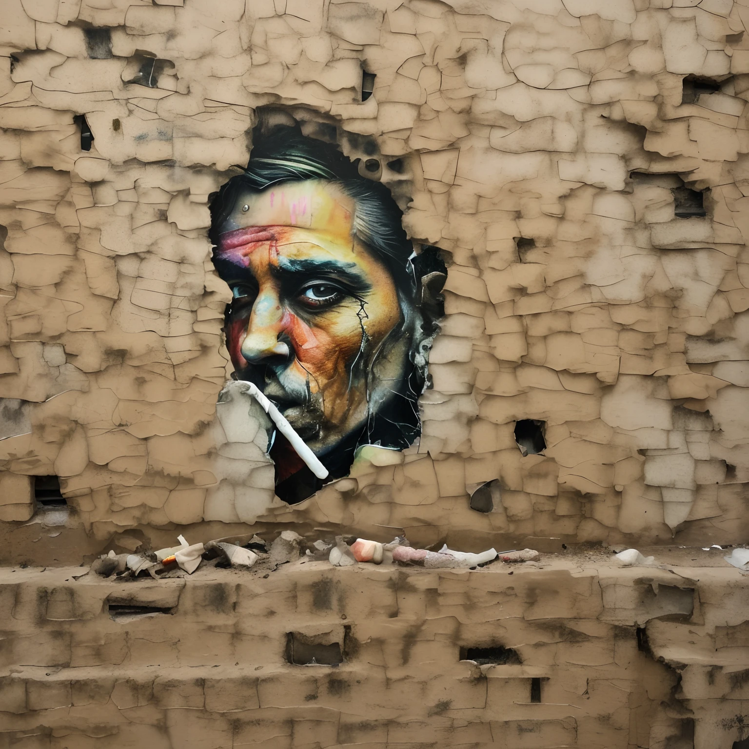there is a man that is smoking a cigarette in a colorful hole in a wall, the man in the wall, on a wall, street art:2, street art, crumbling, stone face, phlegm, smoke and rubble, streetart, street art:2 highly detailed, subject made of cracked clay, street art 8 k, street art : 4 masterpiece