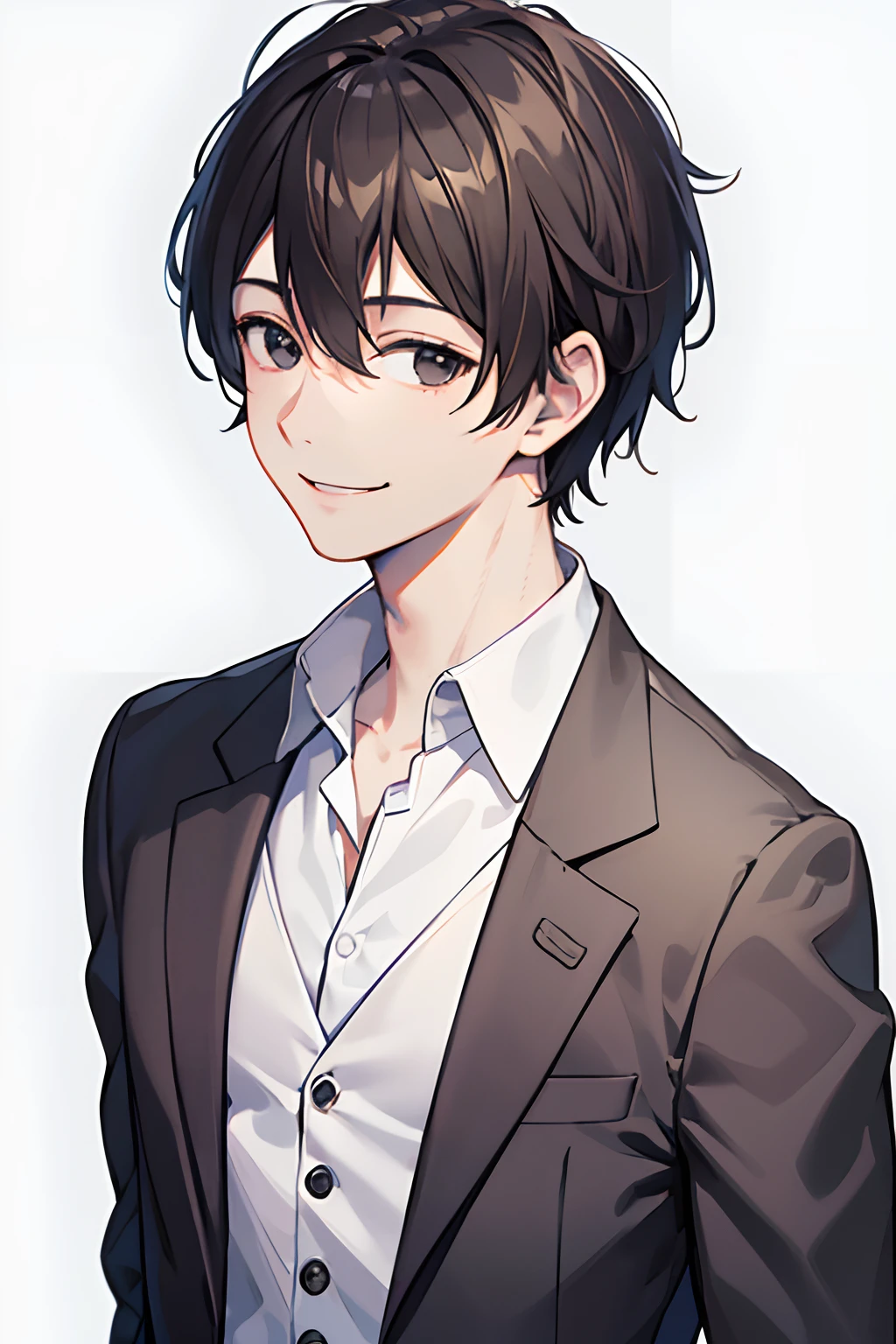 (masterpiece, best quality), 1male, solo, 35 years old, black eyes, business man, brown short hair, smile, (Upper body:1.4), (business suit), (white background:1.2),