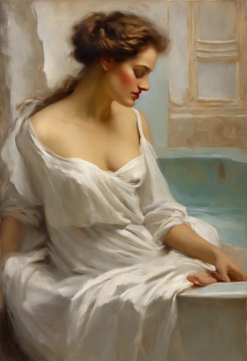 ((golden ratio}} the year is 1890, the setting is spain, A Highly detailed realistic oil painting of a elegant woman relaxing in a bath tub with copper taps and fixtures, she is fully clothed in a simple white dress and submerged under the water 1:2, with her back to viewer, her back is in full view, curtains blowing with window breeze, clay interior walls, her eyes closed, perfect arms and hands, elegant in nature, beautiful lighting on her hair, full lips, wavy hair, up-do, {{nudity}} breasts exposed and hanging out, sleepy after a long day, a sensual painting, a Beautiful expressive painting, Wadim Kashin. Ultra photo realism, Louise Ross, digital painting art, Perceptual digital painting, Stylish digital painting, Bonito painting, glossy digital painting, beautiful digital painting, digital art painting, Fine paintings, thick strokes, pallette knife, impasto, Albrecht Dürer, Rembrandt, baroque art, alla prima, sfumato, chiaroscuro, intense light, {{catchlight}}
