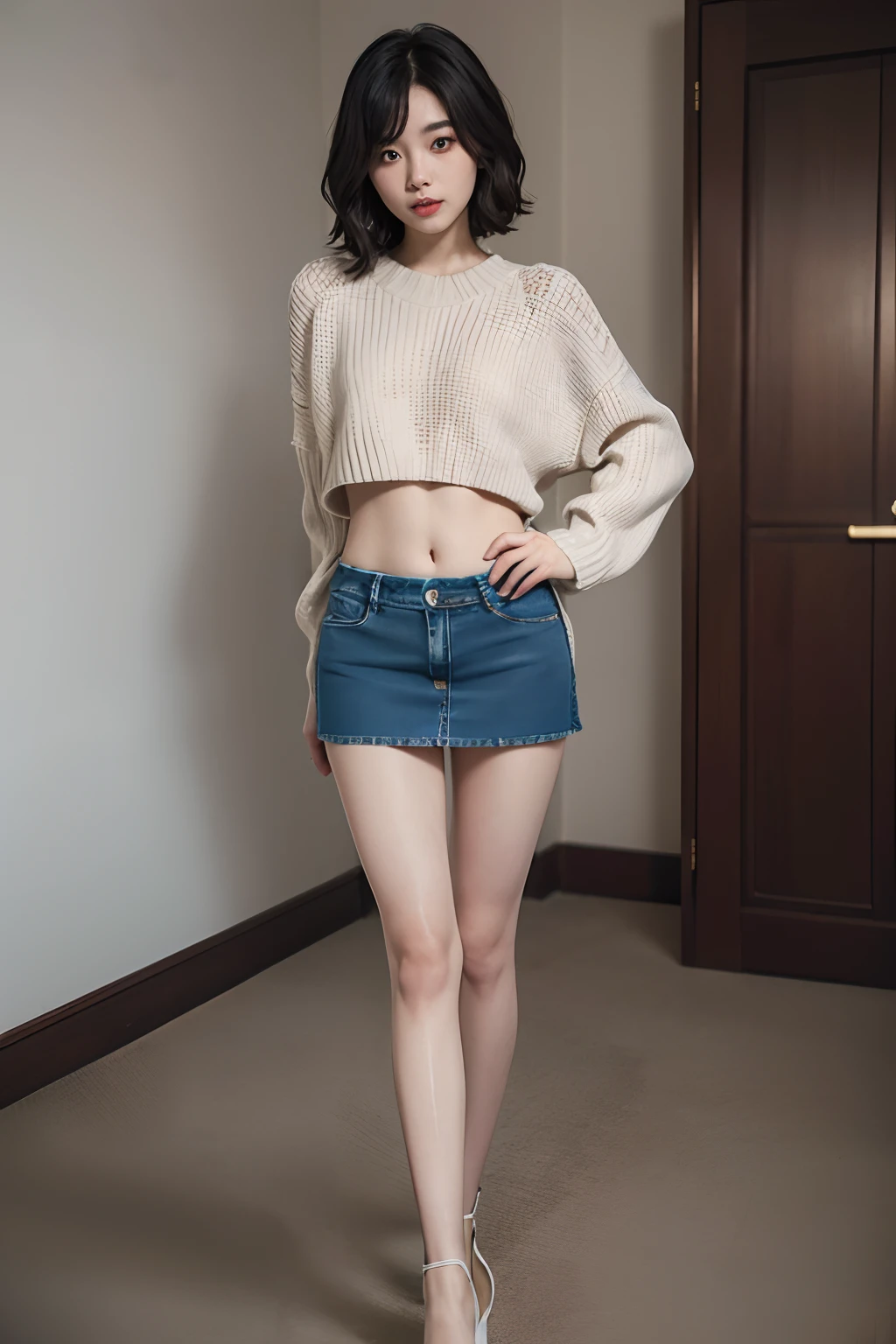 (masuter piece:1.3)、(8K、Photorealsitic、Raw photography、top-quality: 1.4)、(1girl in)、beautiful countenance、(Lifelike face)、(A dark-haired、short-hair:1.3)、Beautiful hairstyle、realisticeyes、Beautiful details、(real looking skin)、Beautiful skins、absurderes、enticing、超A high resolution、A hyper-realistic、high-detail、the golden ratio、((wide open abdomen))、((open abdomen))、((wide open navel))、(large(open navel))、((Mid-Riff Sweater))、((Ultra-low rise、Denim Mini Skirt))、、((Navel Ejection))、((Full body depiction))、((small hips))、((A slender))、((Ultra-low rise))、((Denim Mini Skirt))、((is standing))、