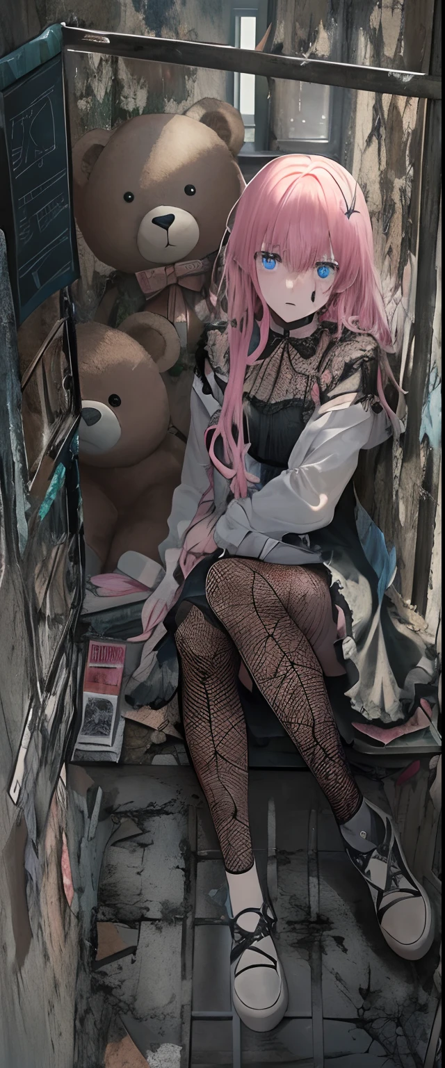 1girll, Pink hair, Blue eyes, (cowboy_Shot:1.2), Face focus, Long hair, side locks,Collapsed crying,Extreme panic,After being violated ,Scared,(terrified:1.1) expression, holding teddy bear, Atmospheric lighting, Moody, Darkness, In an abandoned old museum, Clear glass display case full of interesting items, Dusty, Post-apocalypse, spiderwebs, masterful, Beautiful 8k wallpaper, Extremely detailed, Intricate,Wear a gothic dress,Broken clothes,Expose the abdomen and thighs,Bleeding in the lower body