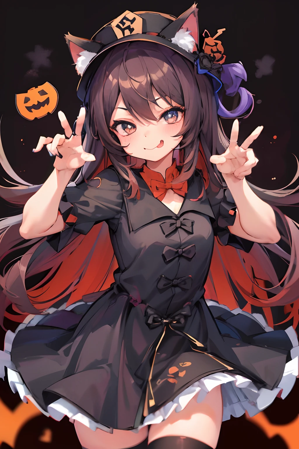 Hat, 1girl, Hu Tao, Halloween, Cat Girl Costume, Blurred Background, Cat ears, cute, random pose, smiley, tongue sticking out, v sign