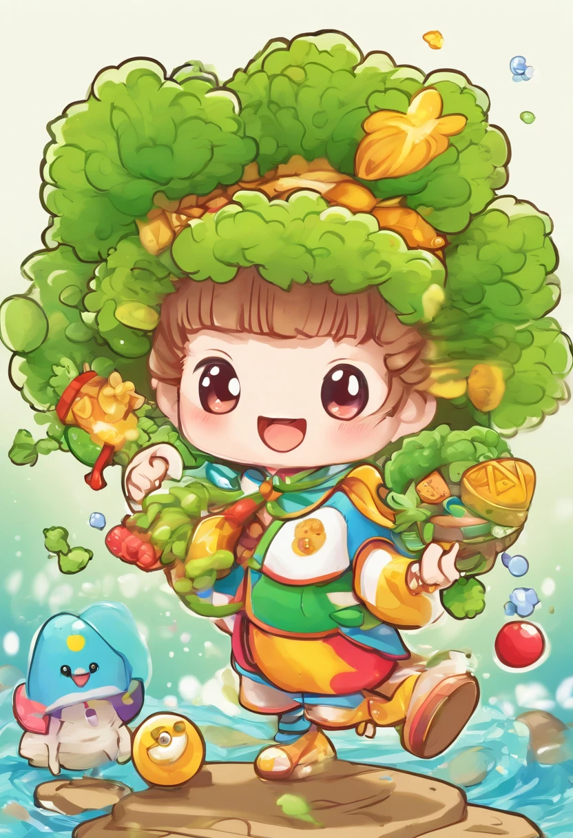 just a simple broccoli-style drawing, kawaii, Pescador, bonitinho, Anpanman children's Japanese drawing style, Takashi Yanase.