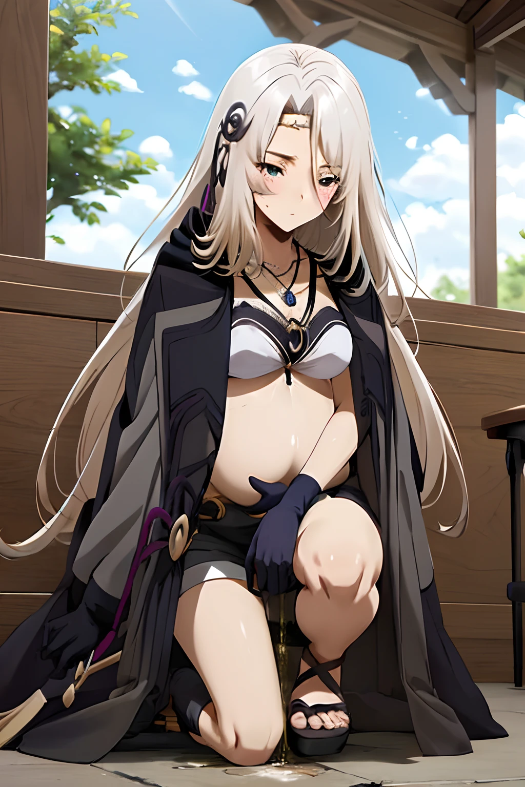 masterpiece, Best quality, 1girl, anime girl, gray robe, tattered edges, white bikini top, black short pants with gold accessories, leg stocking on her right leg from just above the ankle to the middle of her thigh, while her left leg is bare save for two straps, black gloves, jewel-adorned hairband, a necklace with what appears to be a sapphire, Pregnant, (a girl is peeing:1.7), amniotic fluid, blushing, heavy breath, in pain, kneel down, mediaval age road