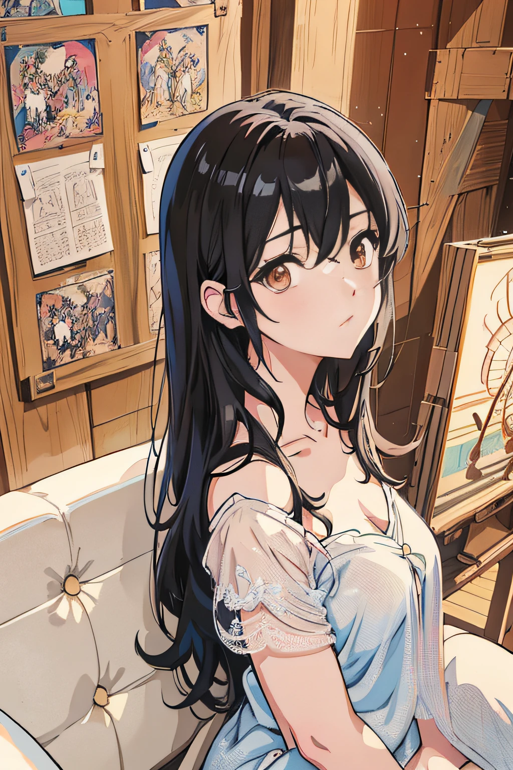 Long black hair anime girl sitting on sofa in room, kawacy, Beautiful anime girl, guweiz, Detailed Digital Anime Art, artwork in the style of guweiz, Smooth Anime CG Art, painted in anime painter studio, Beautiful Anime Portrait, pretty anime girl, detailed portrait of an anime girl, anime style 4 k, charming anime girls