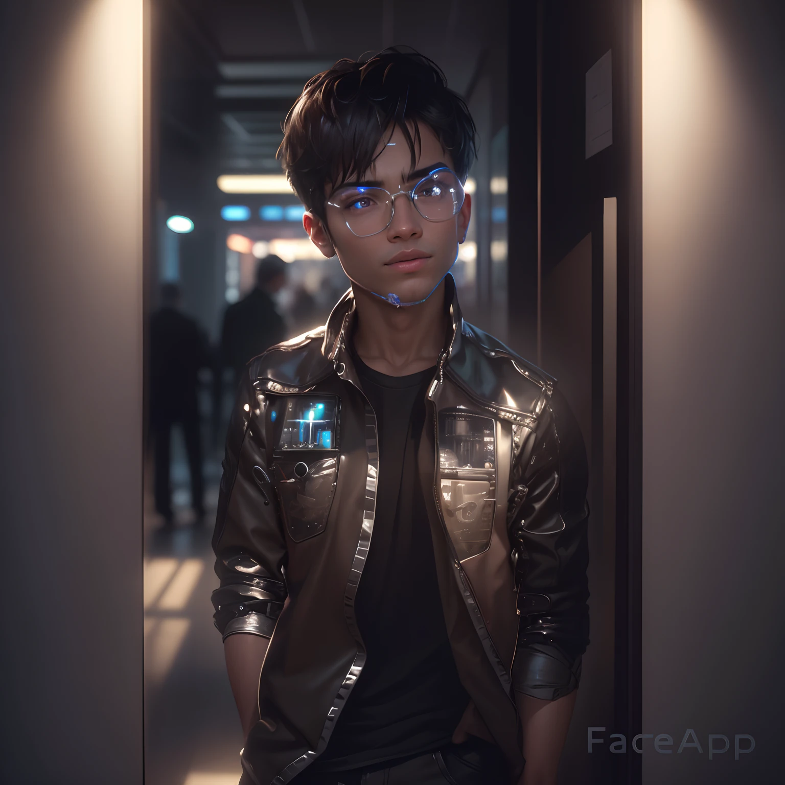 (best quality,8k,ultra hd,highres,masterpiece:1.2),realistic face,boy with coffee,futuristic background,detailed eyes,lifelike skin texture,expressive facial features,sensory experience,freshly brewed coffee,steam rising from the cup,technological elements,metallic surfaces,neon lights,advanced architecture,vibrant colors,dynamic composition,shadows and highlights,atmospheric lighting,immersive atmosphere,strong sense of depth,crisp details