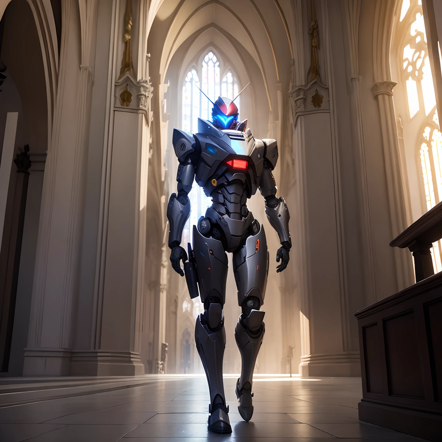 Desenhe um robo rezando na catedral.
