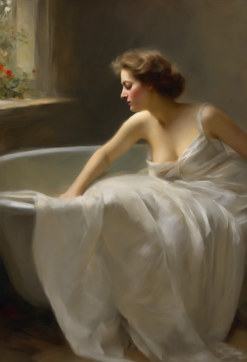 ((golden ratio}} A Highly detailed realistic oil painting of a elegant woman relaxing in wooden bath tub, with her back to viewer, her back is in full view, , {{net curtains blowing with window breeze breeze}} clay interior walls, her eyes closed, perfect arms and hands, elegant in nature, beautiful lighting on her hair, full lips, wavy hair, up-do, {{nudity}} breasts exposed and hanging out,  sleepy after a long day, a sensual painting, a Beautiful expressive painting, Wadim Kashin. Ultra photo realism, Louise Ross, digital painting art, Perceptual digital painting, Stylish digital painting, Bonito painting, glossy digital painting, beautiful digital painting, digital art painting, Fine paintings, thick strokes, pallette knife, impasto, Albrecht Dürer, Rembrandt, baroque art, alla prima, sfumato, chiaroscuro, intense light, {{catchlight}}