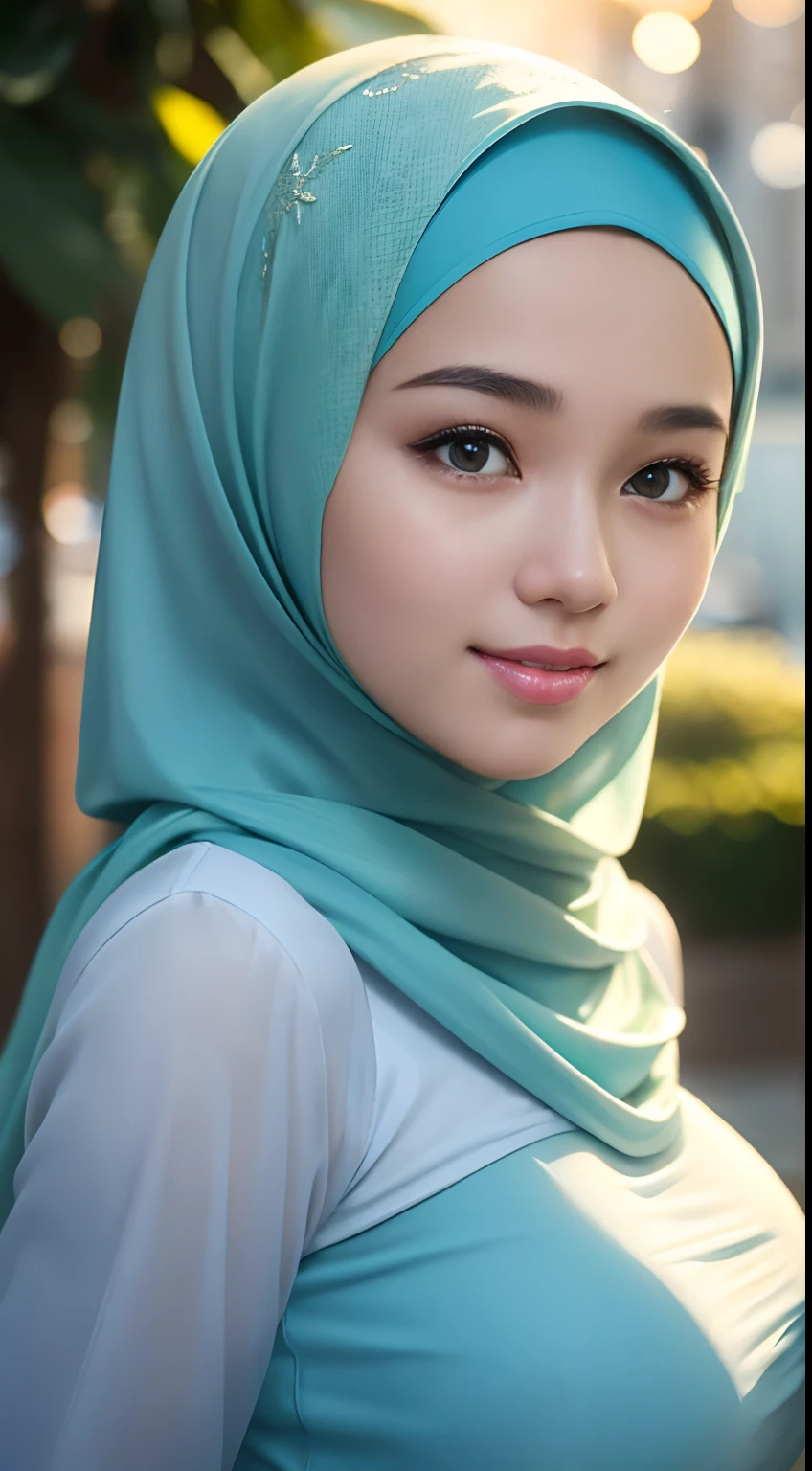 1 javanese girl , modern plain hijab, shy, medium portrait shot , watery eyes , glowing particles, wear pastel lingerie, light bokeh background, proportional body,
