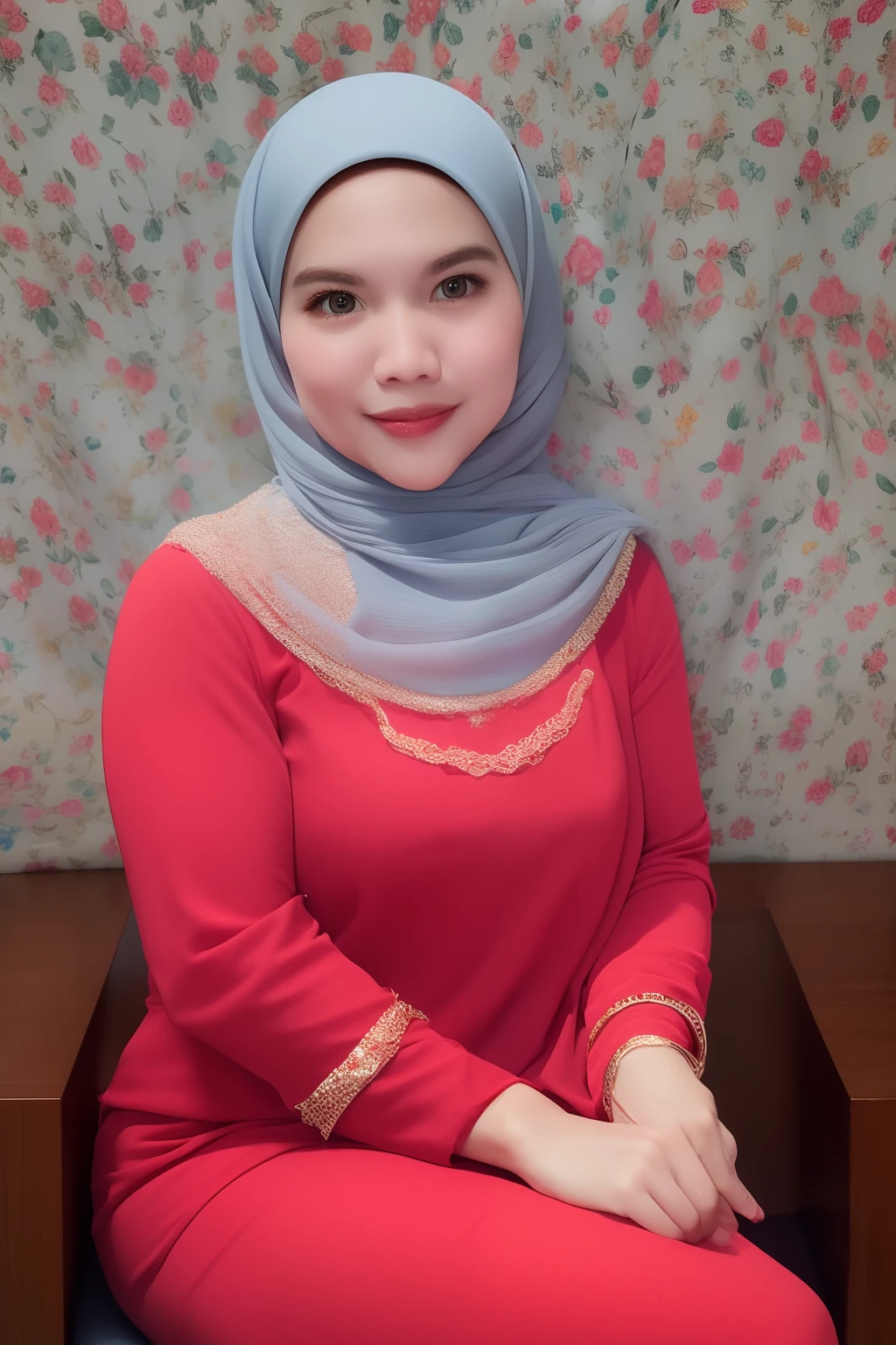 Malay girl in hijab wearing sexy redcolor pajamas portrait photography, mid shot photo, ultra detail, professional photograph with professional lighting, smile, light blue studio background, sexy seducing pose, curvy